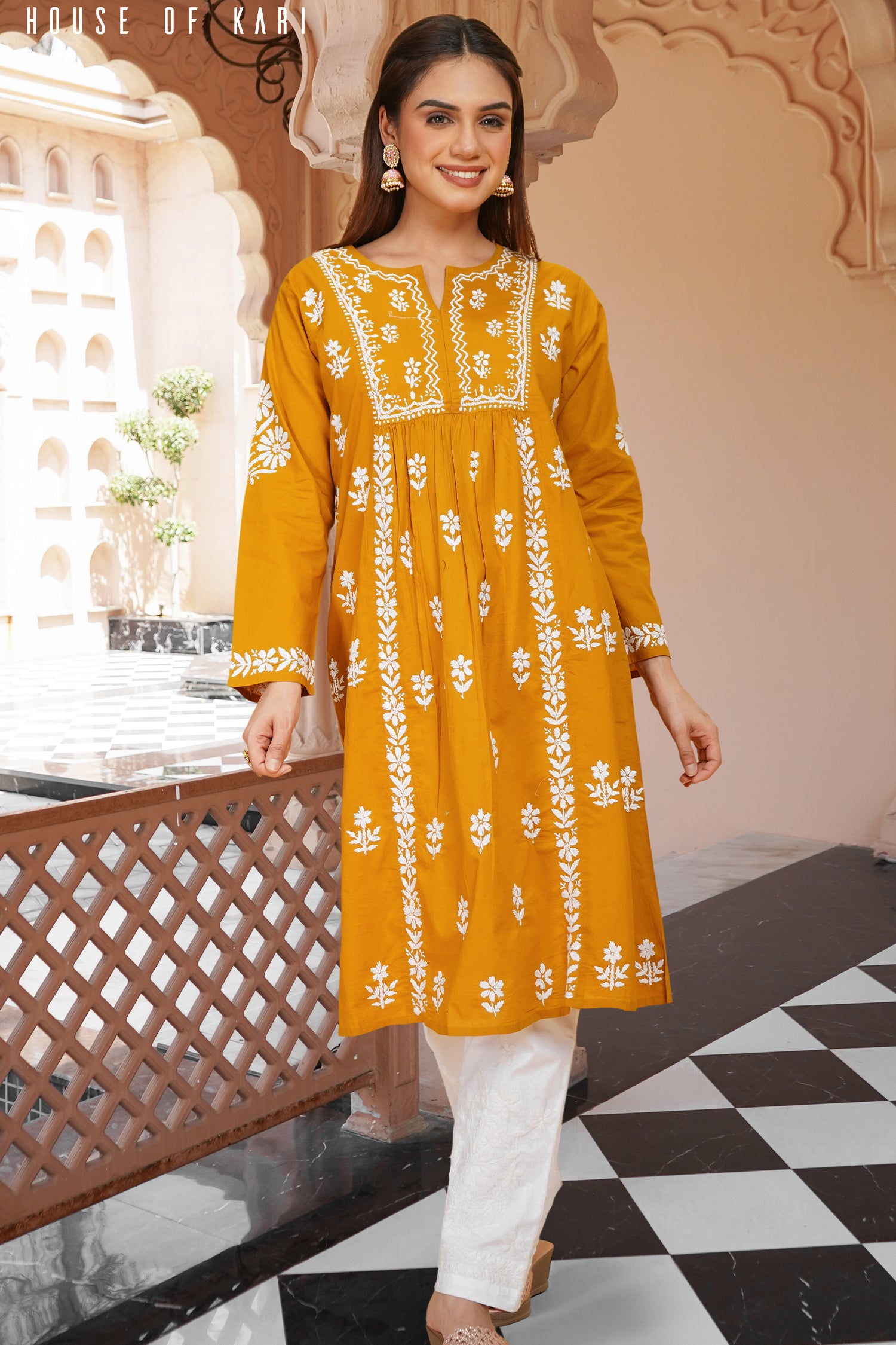Cotton Chikankari Flared Kurta in Mustard Yellow