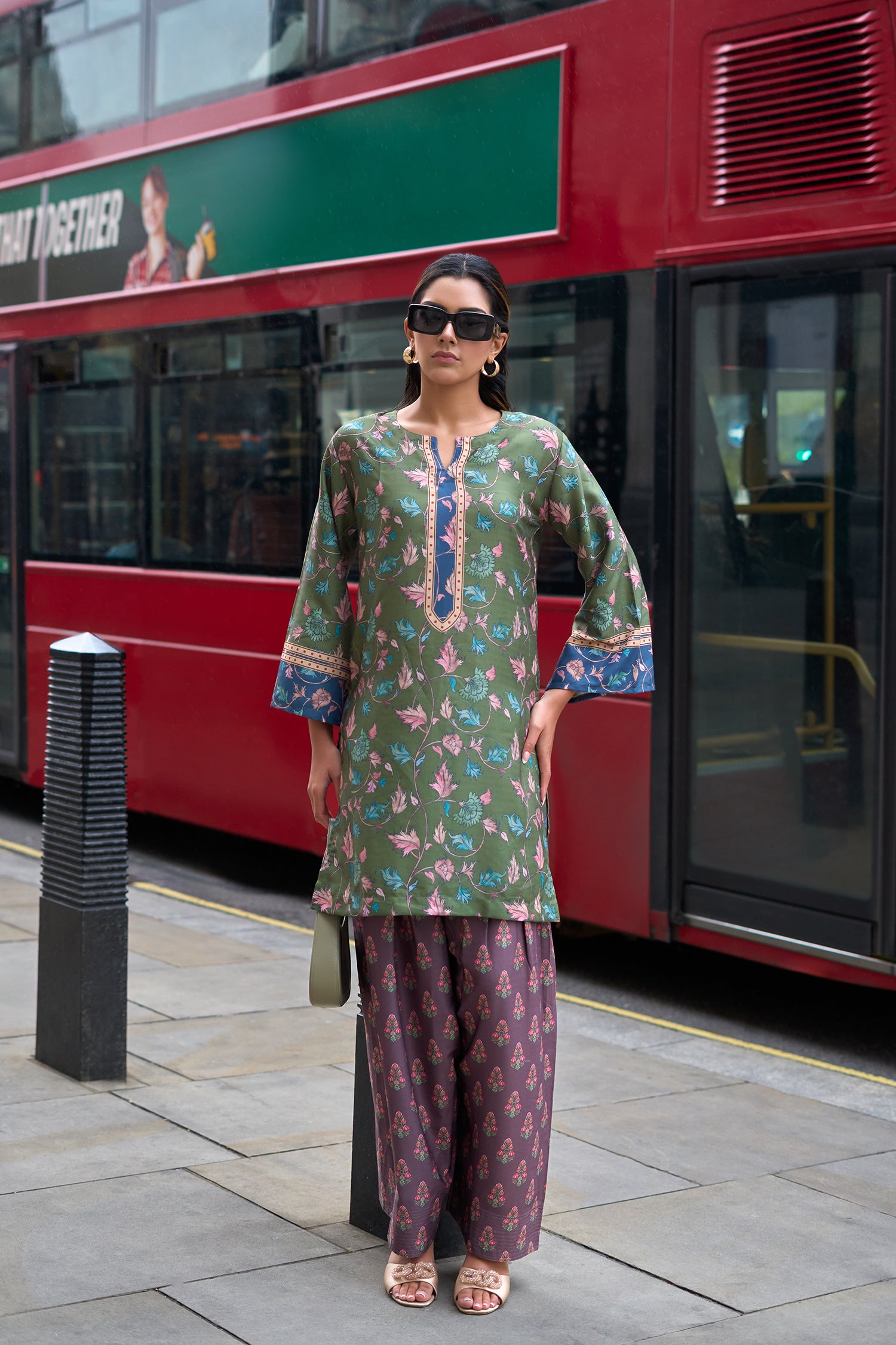 Pashmina Printkari Coord Set with Farsi Bottoms – Olive Green