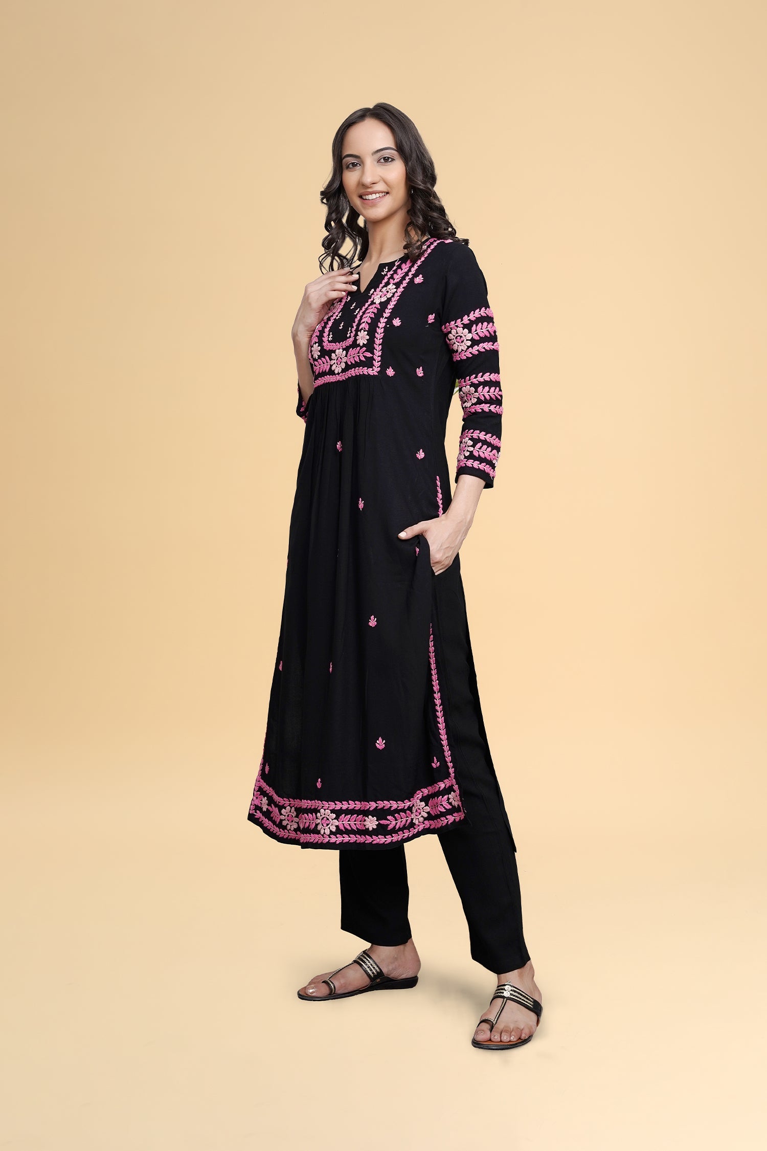 Saba Chikankari Long Kurta in Rayon Cotton - Black
