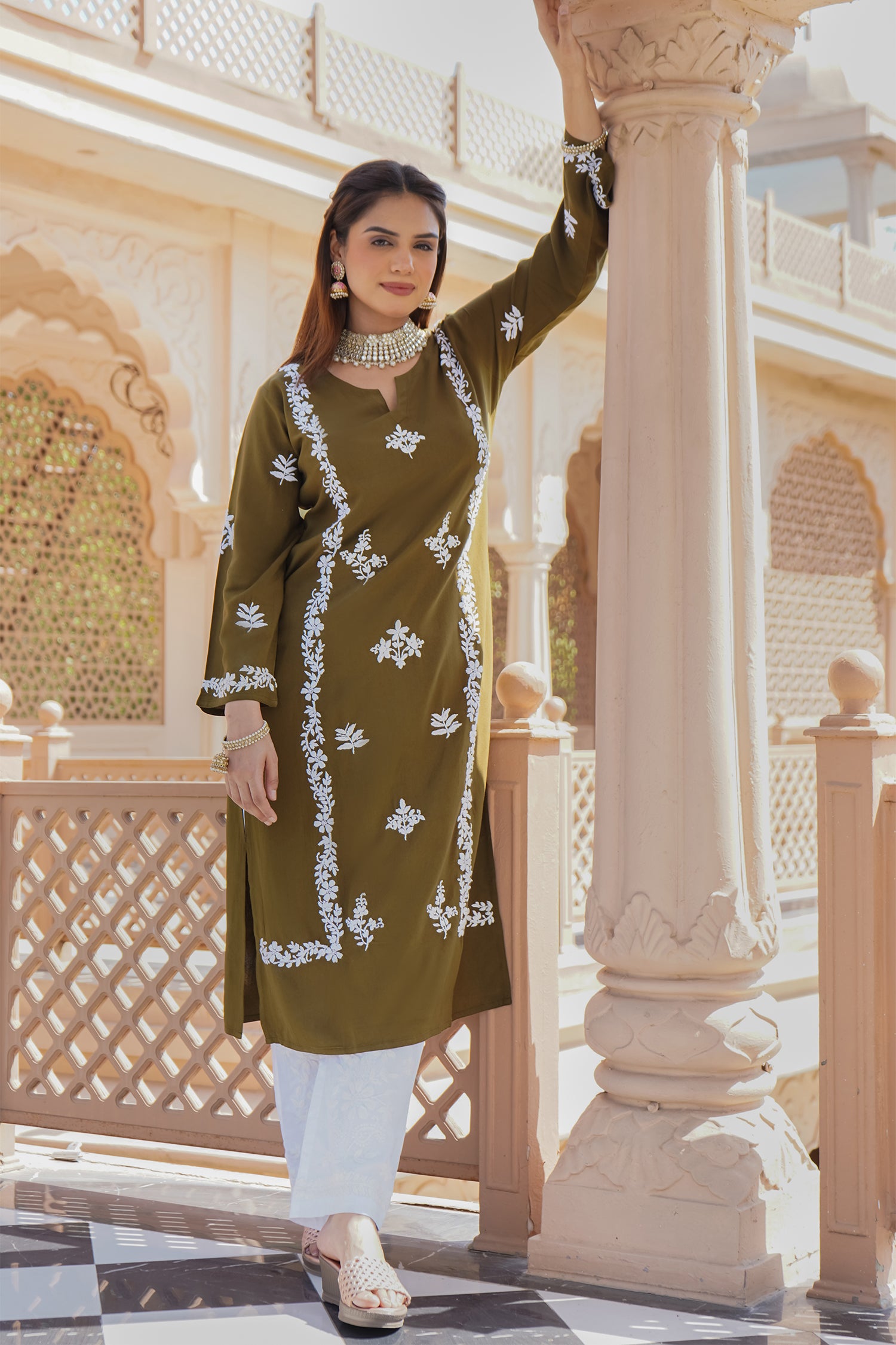 Rayon Chikankari Straight Kurta in Olive Brown