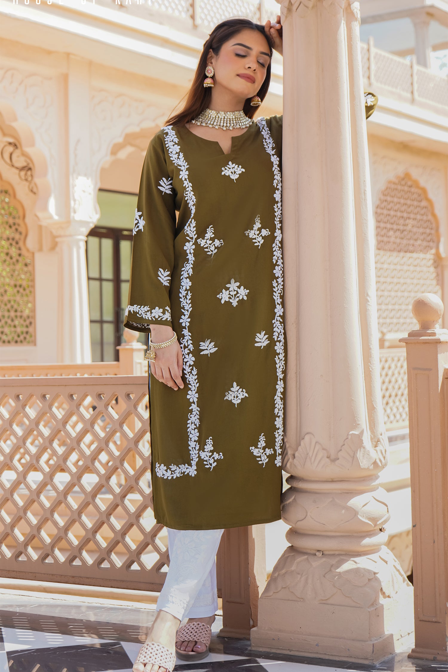 Rayon Chikankari Straight Kurta in Olive Brown