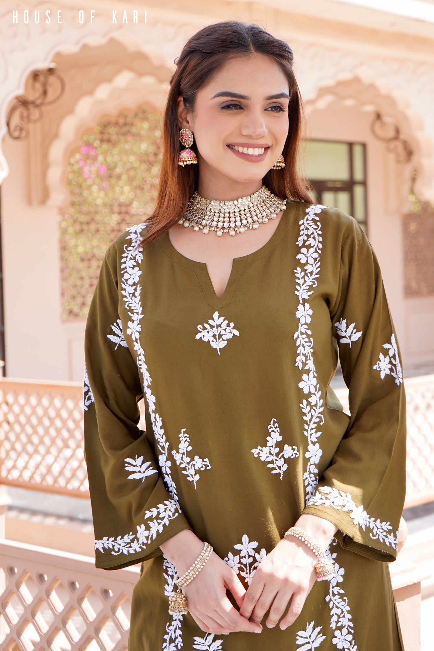 Rayon Chikankari Straight Kurta in Olive Brown