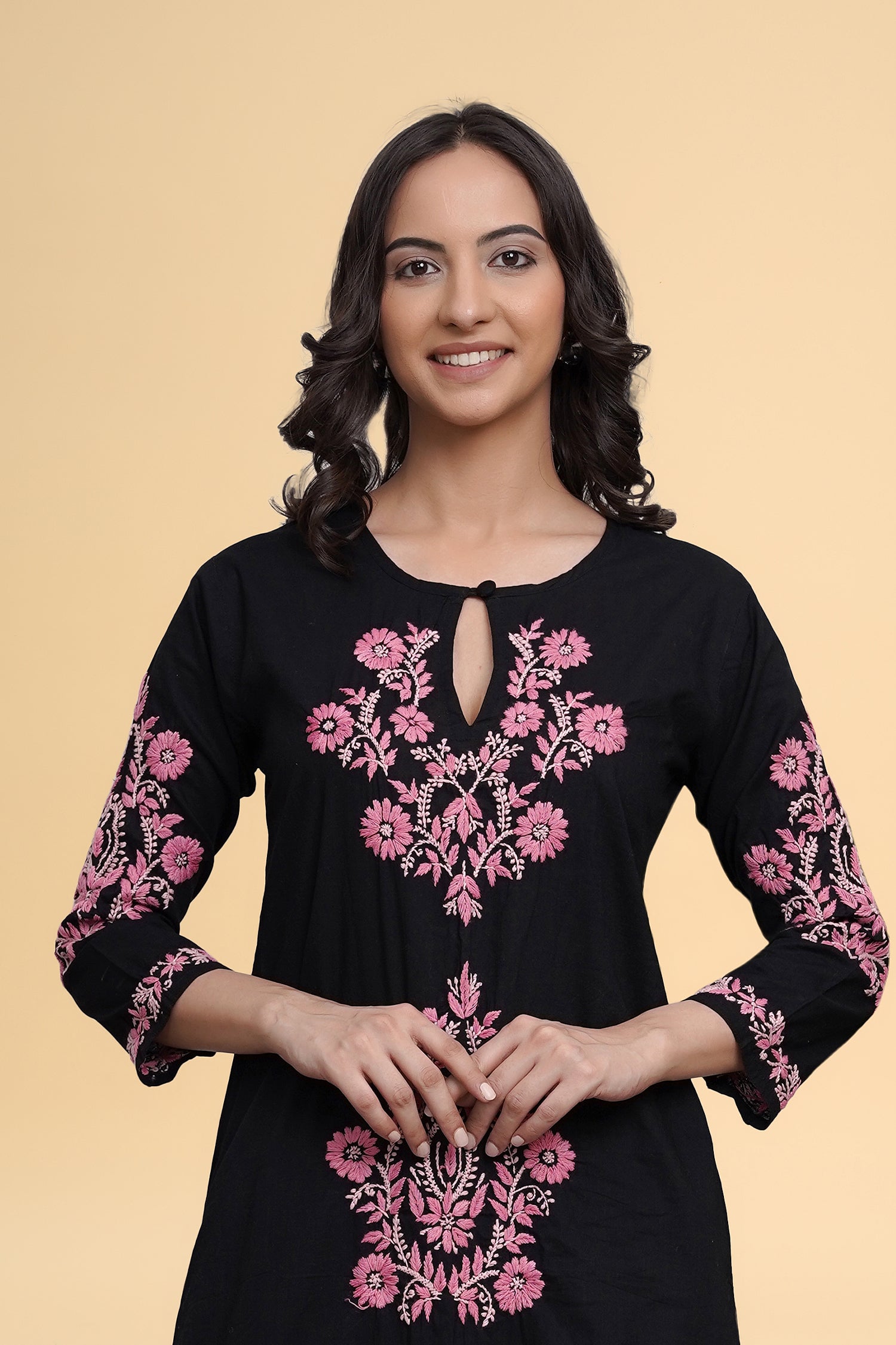 Saba Chikankari Long Kurti in Cotton - Black
