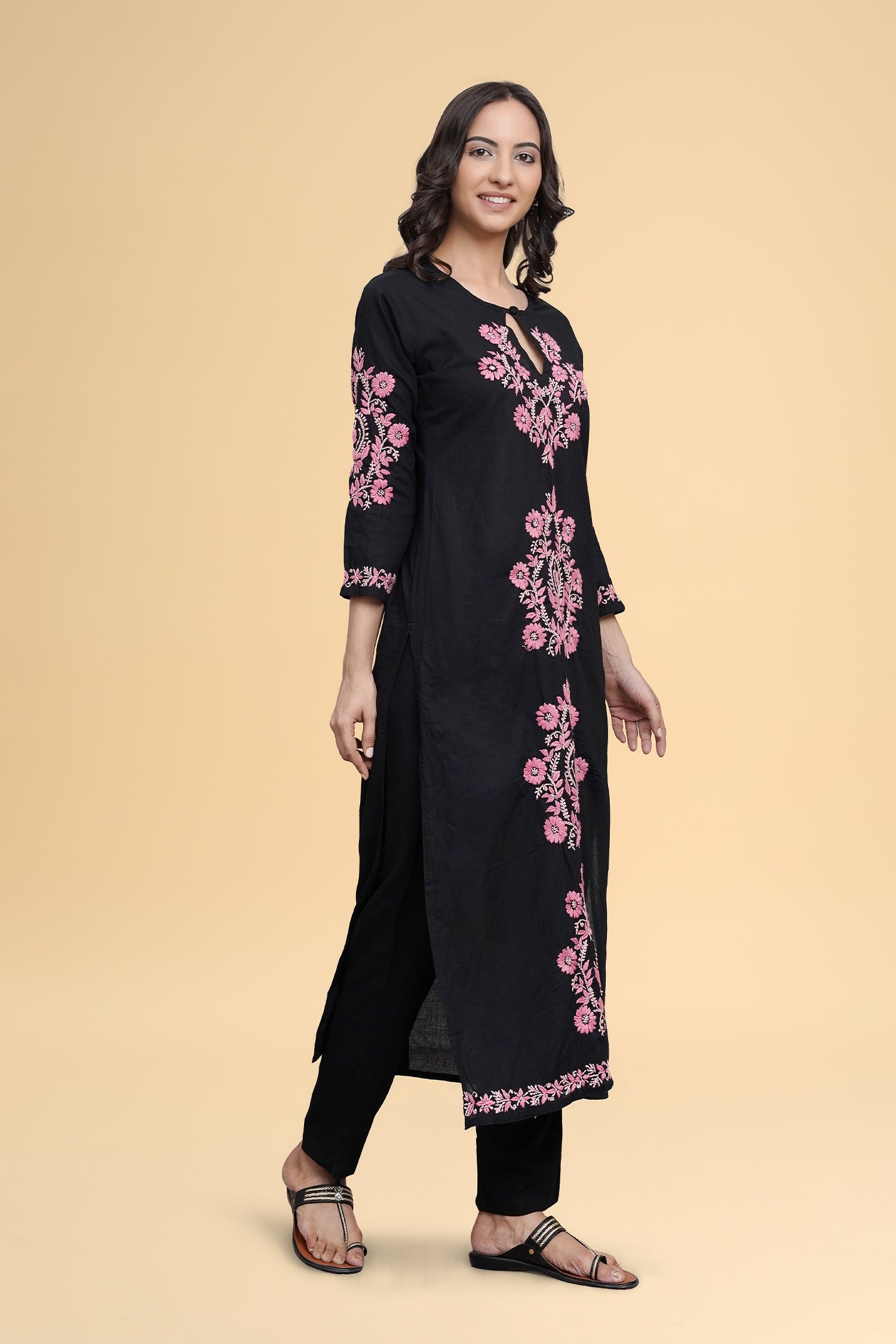 Saba Chikankari Long Kurti in Cotton - Black
