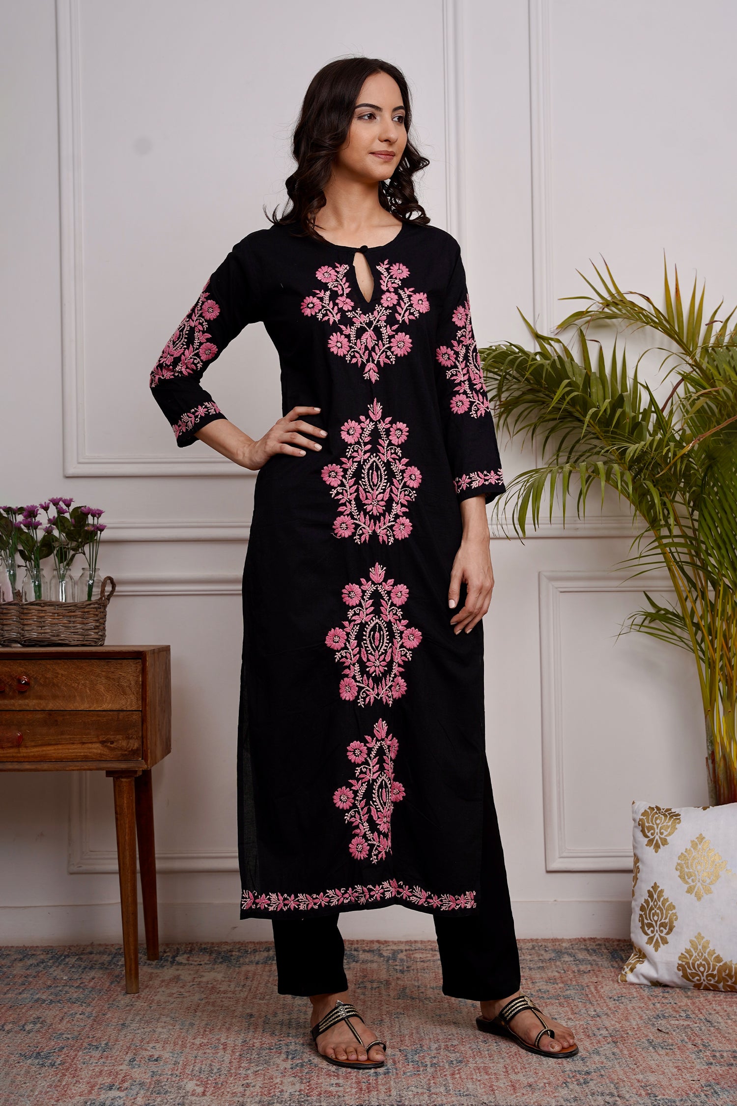 Saba Chikankari Long Kurti in Cotton - Black
