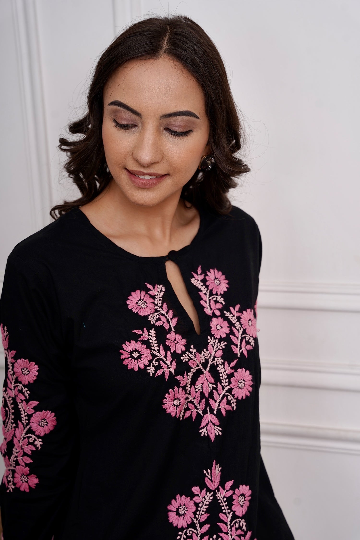 Saba Chikankari Long Kurti in Cotton - Black