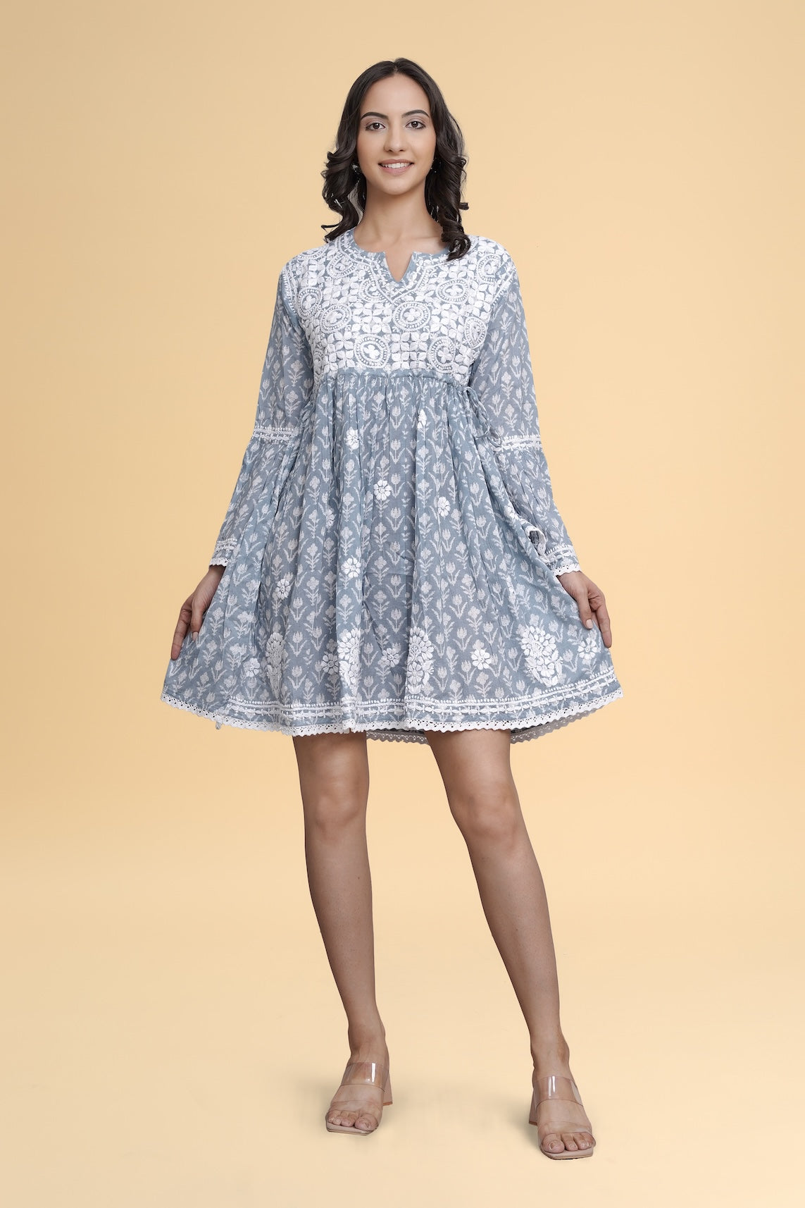 Saba Chikankari Dress in Mul cotton -Blue