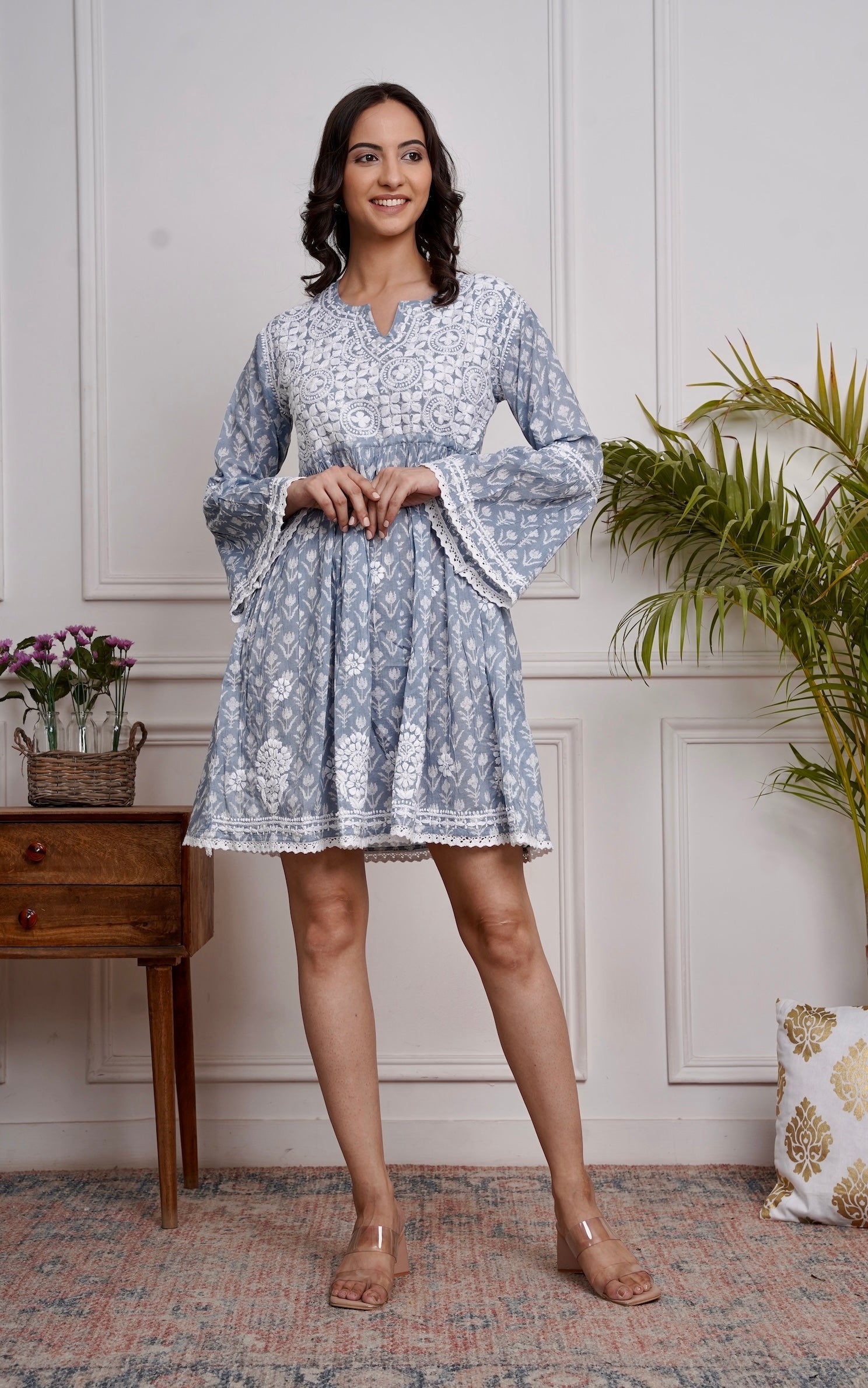 Saba Chikankari Dress in Mul cotton -Blue
