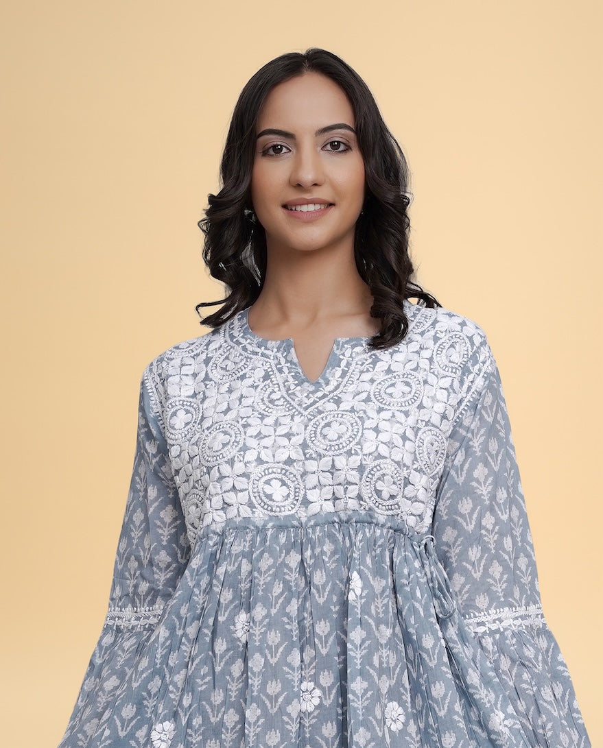 Saba Chikankari Dress in Mul cotton -Blue