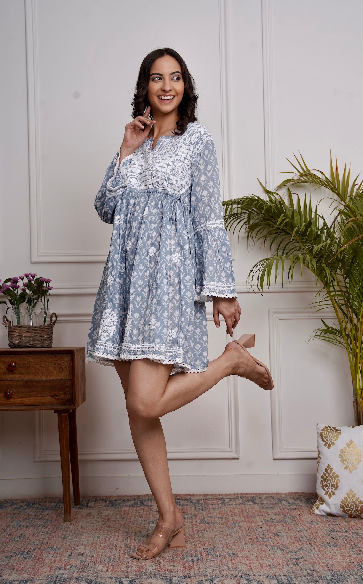 Saba Chikankari Dress in Mul cotton -Blue