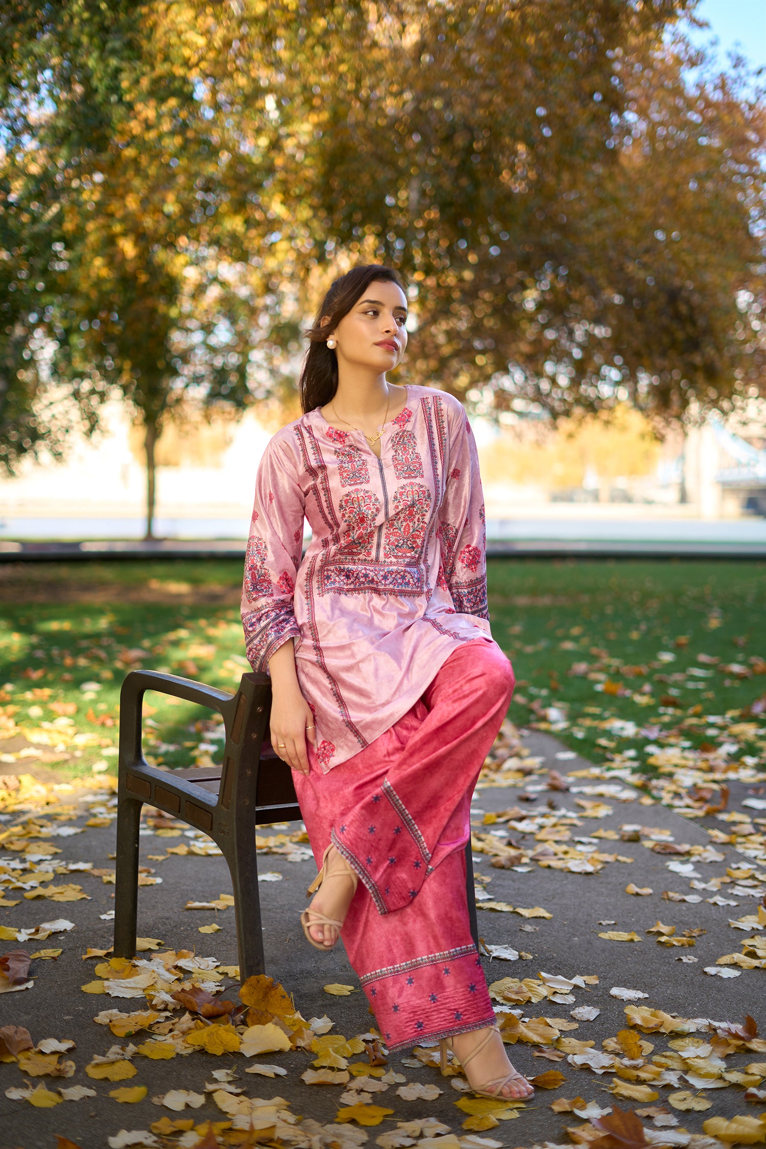 Velvet Printkari Coord Set with Farsi Bottoms – Rose Pink