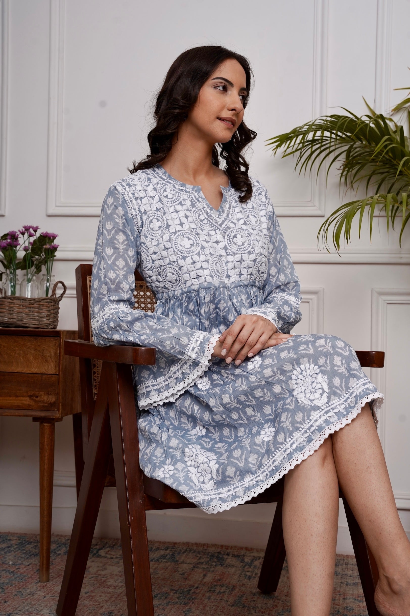Saba Chikankari Dress in Mul cotton -Blue