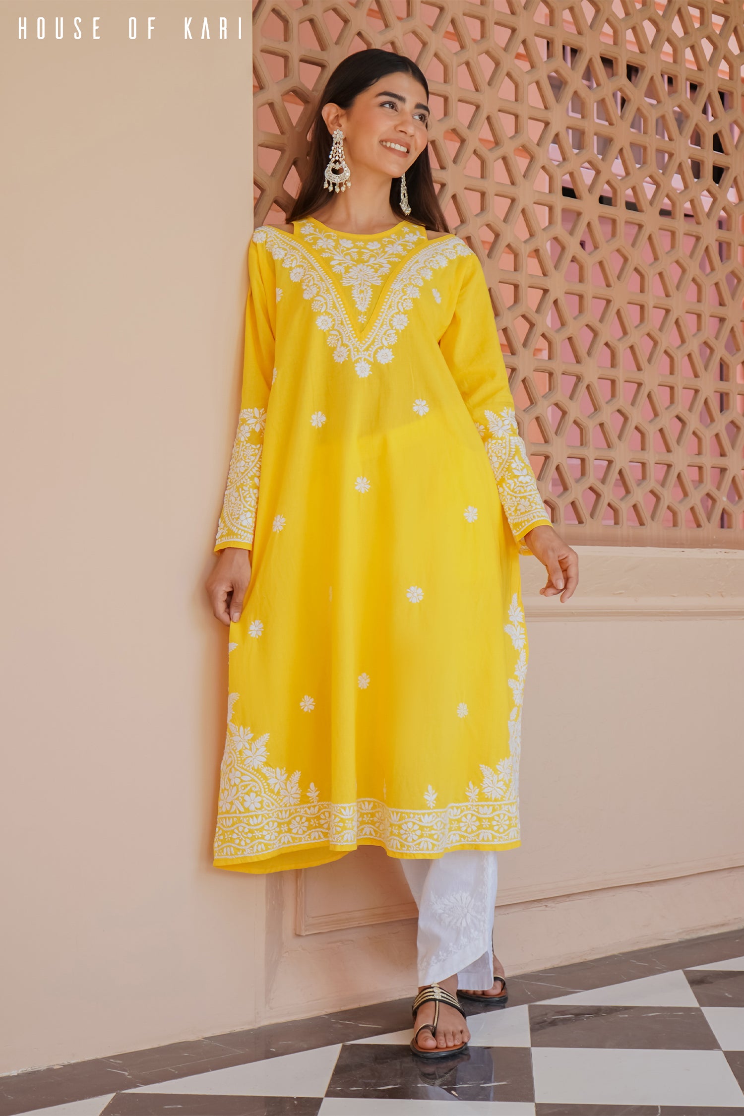 Cotton Chikankari Long Kurta Yellow