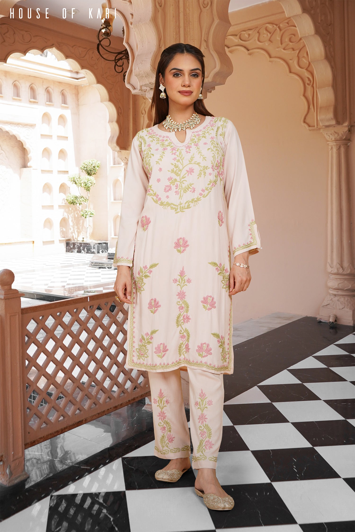 Chikankari Kurta Set In Rayon - Beige