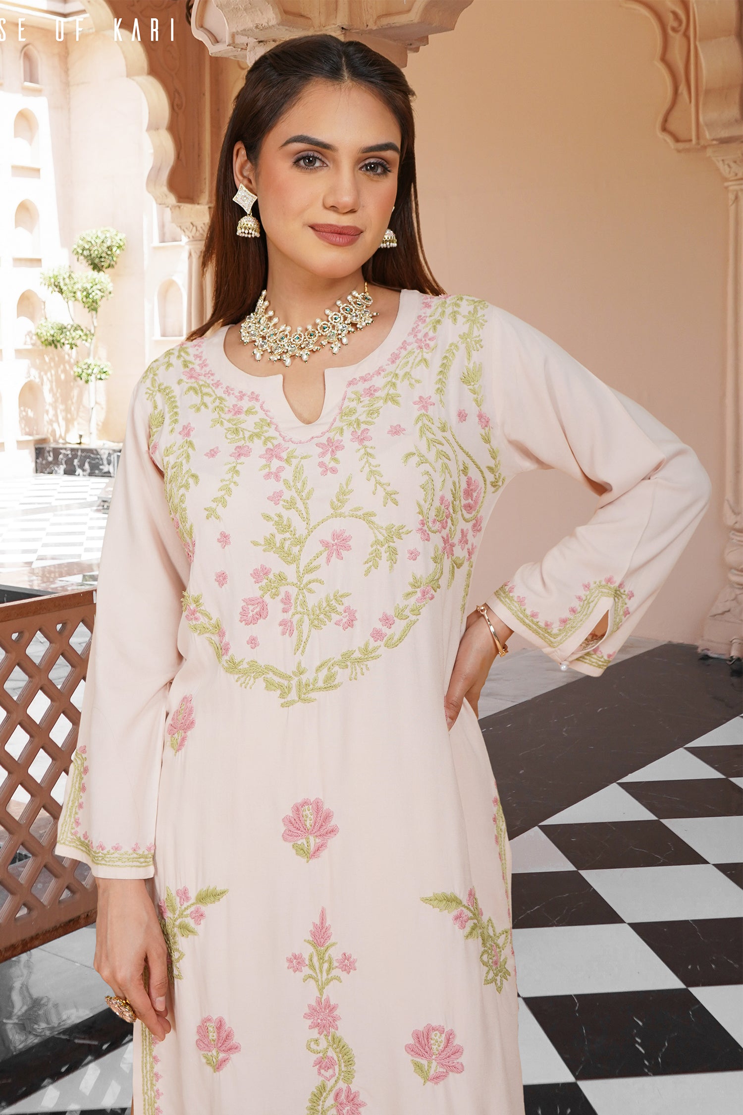 Chikankari Kurta Set In Rayon - Beige