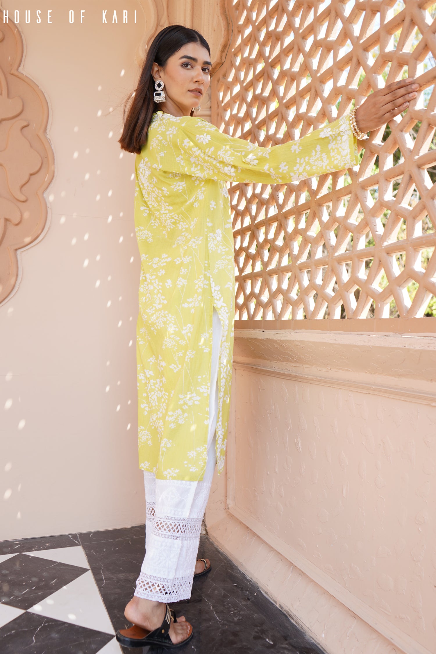 Mul Cotton Chikankari Long Kurta in Green