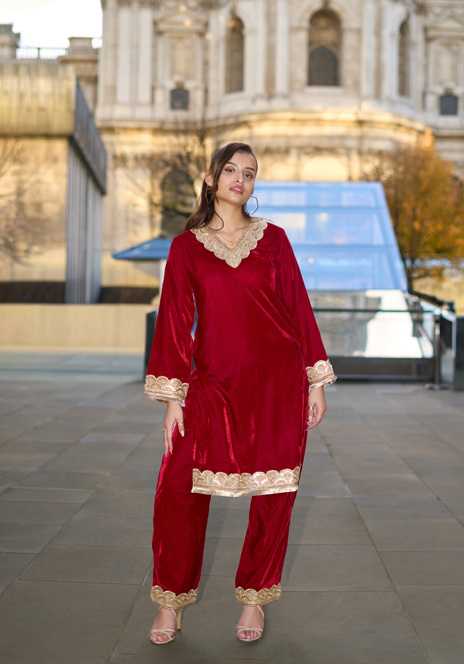 Velvet Kurta Set with Gold Zari Lace Work - Red