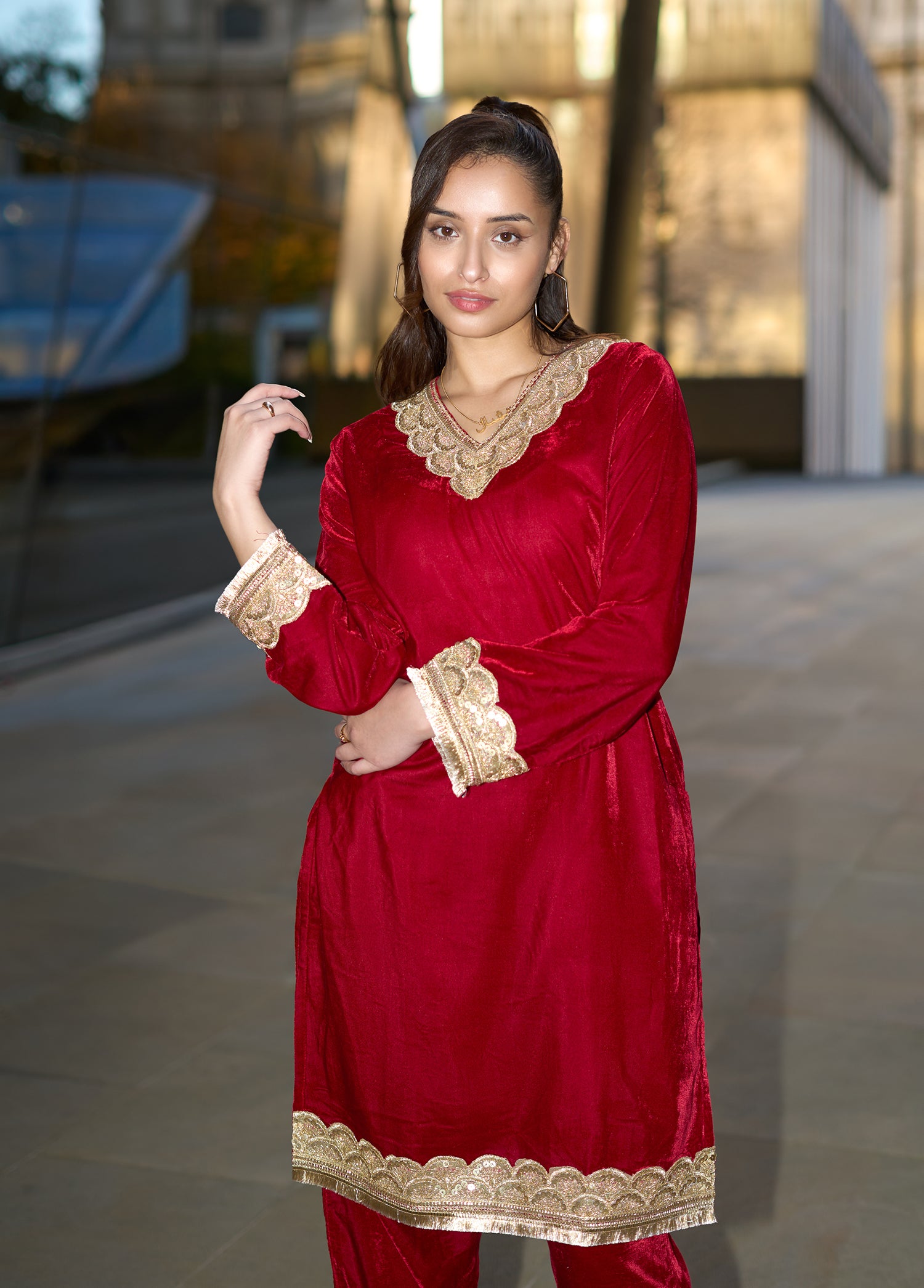 Velvet Kurta Set with Gold Zari Lace Work - Red