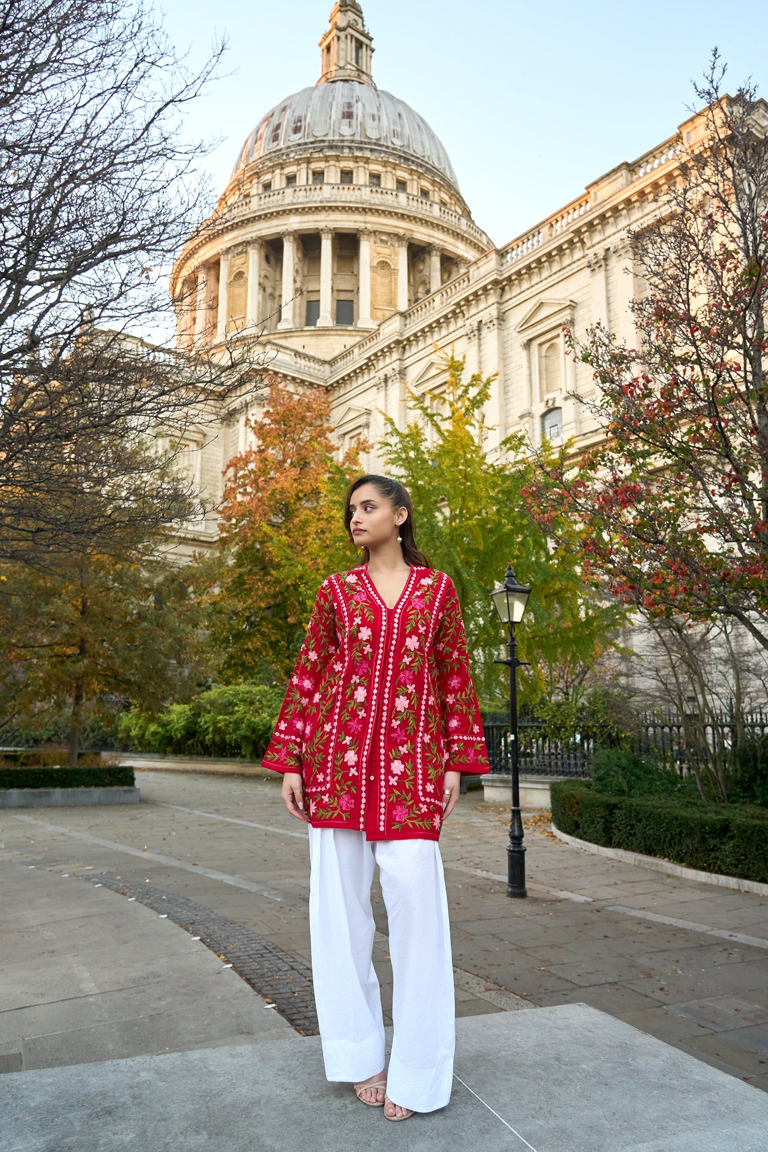 Cotton Kashmiri Aari Embroidered Jacket – Red Floral