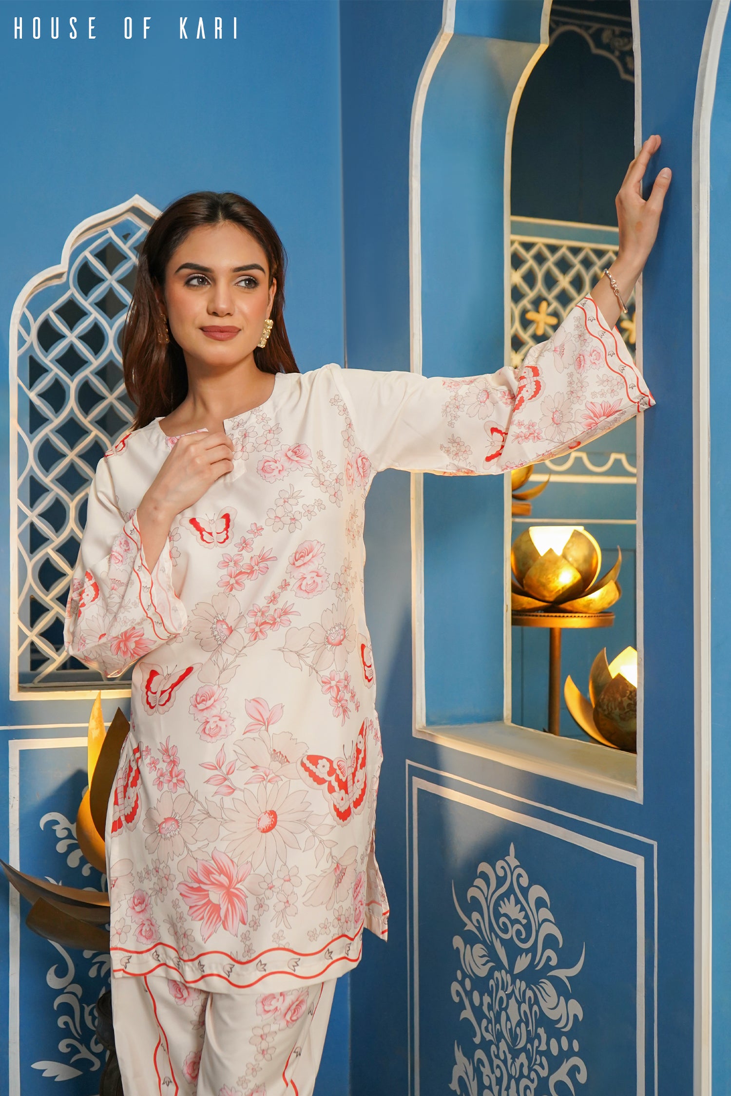 Printkari Poly Muslin Co-ord set in Pink with Red