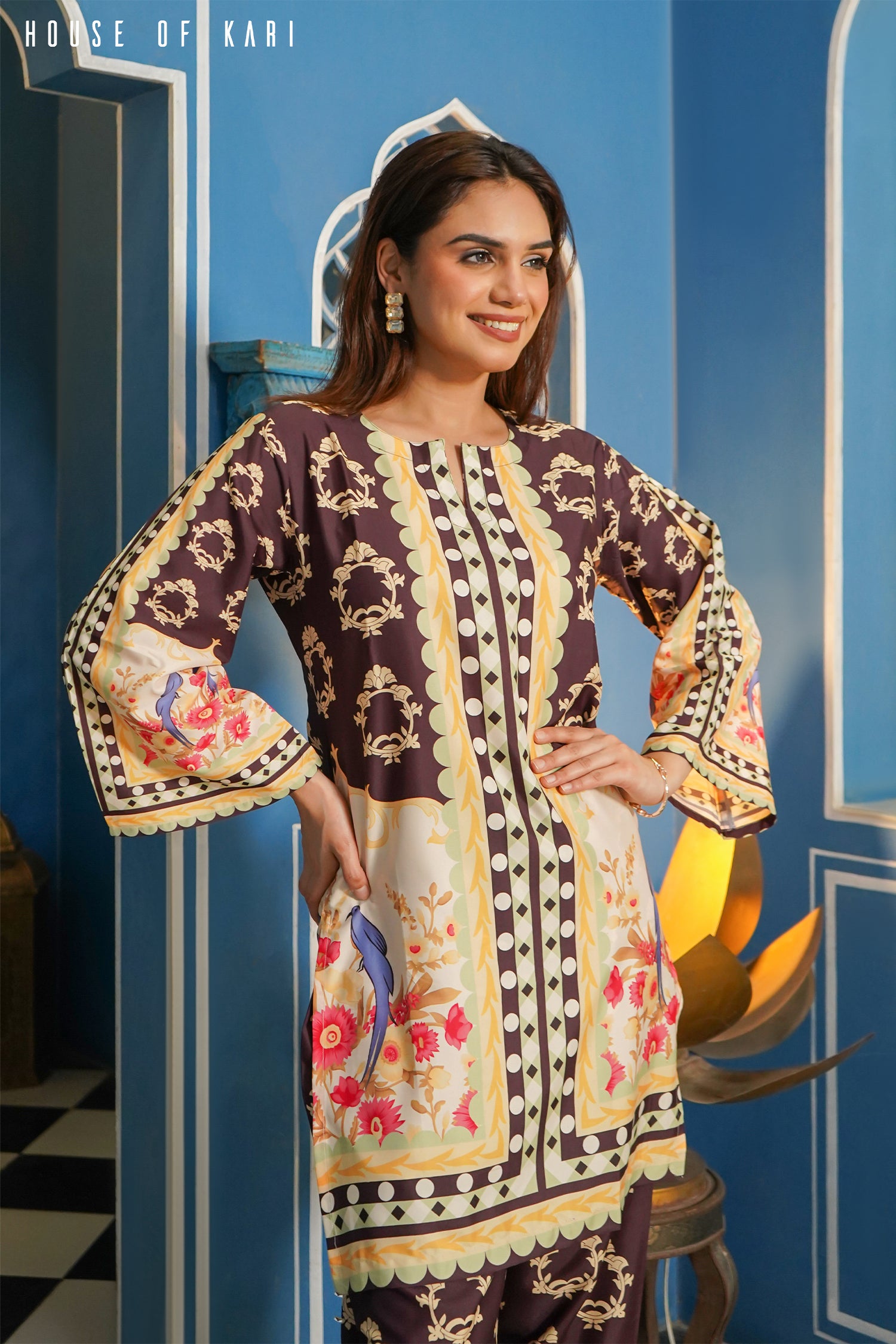 Printkari Poly Muslin Co-ord set in Brown Mulicolour