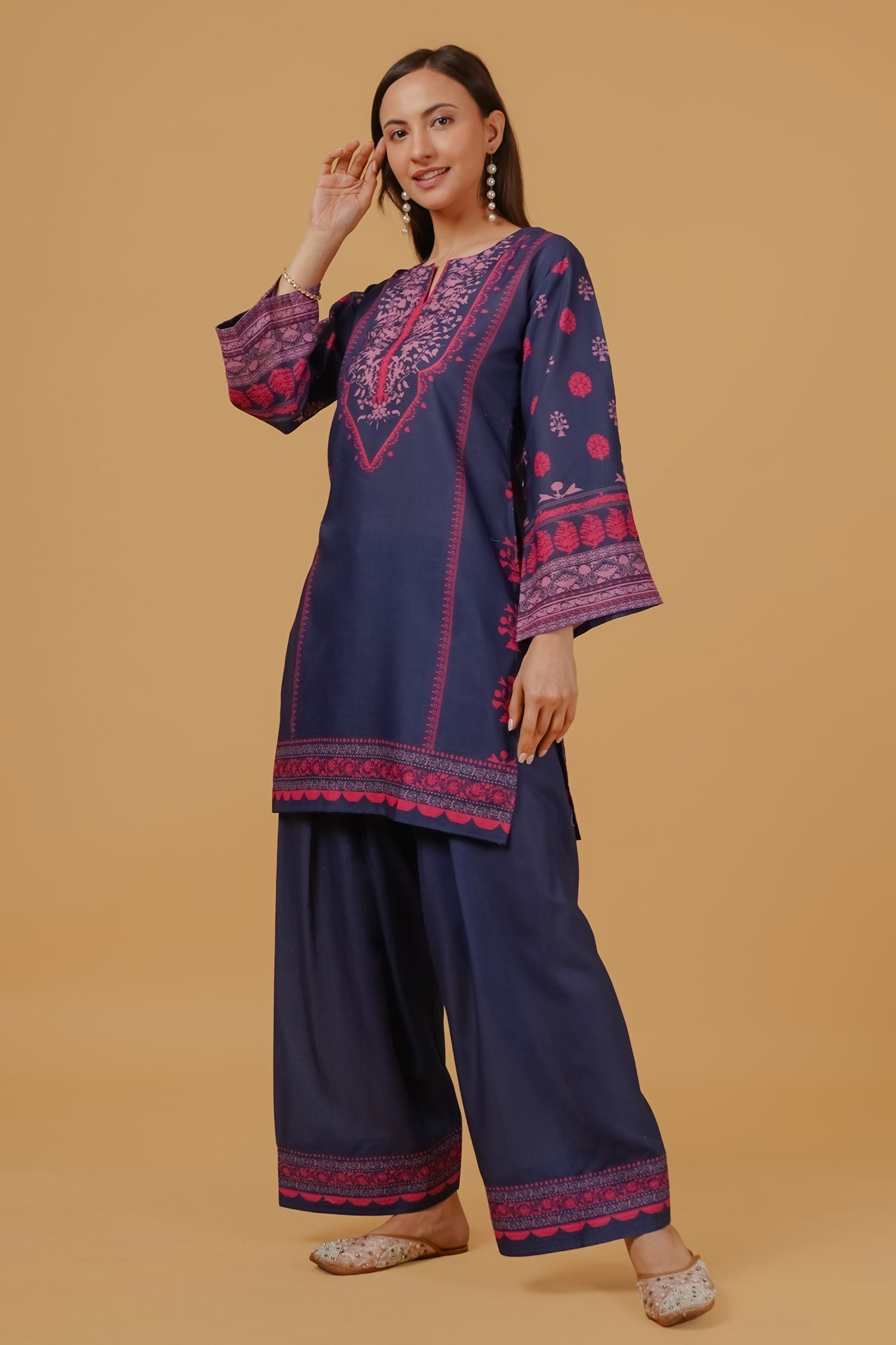 Printed Organza Dupatta - Navy & Pink