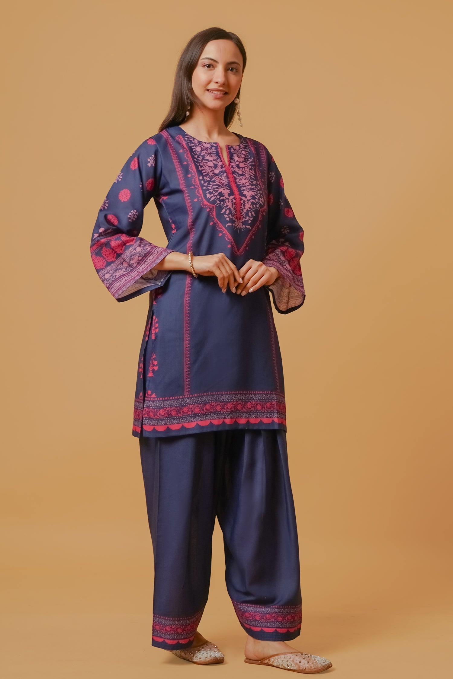 Printed Organza Dupatta - Navy & Pink