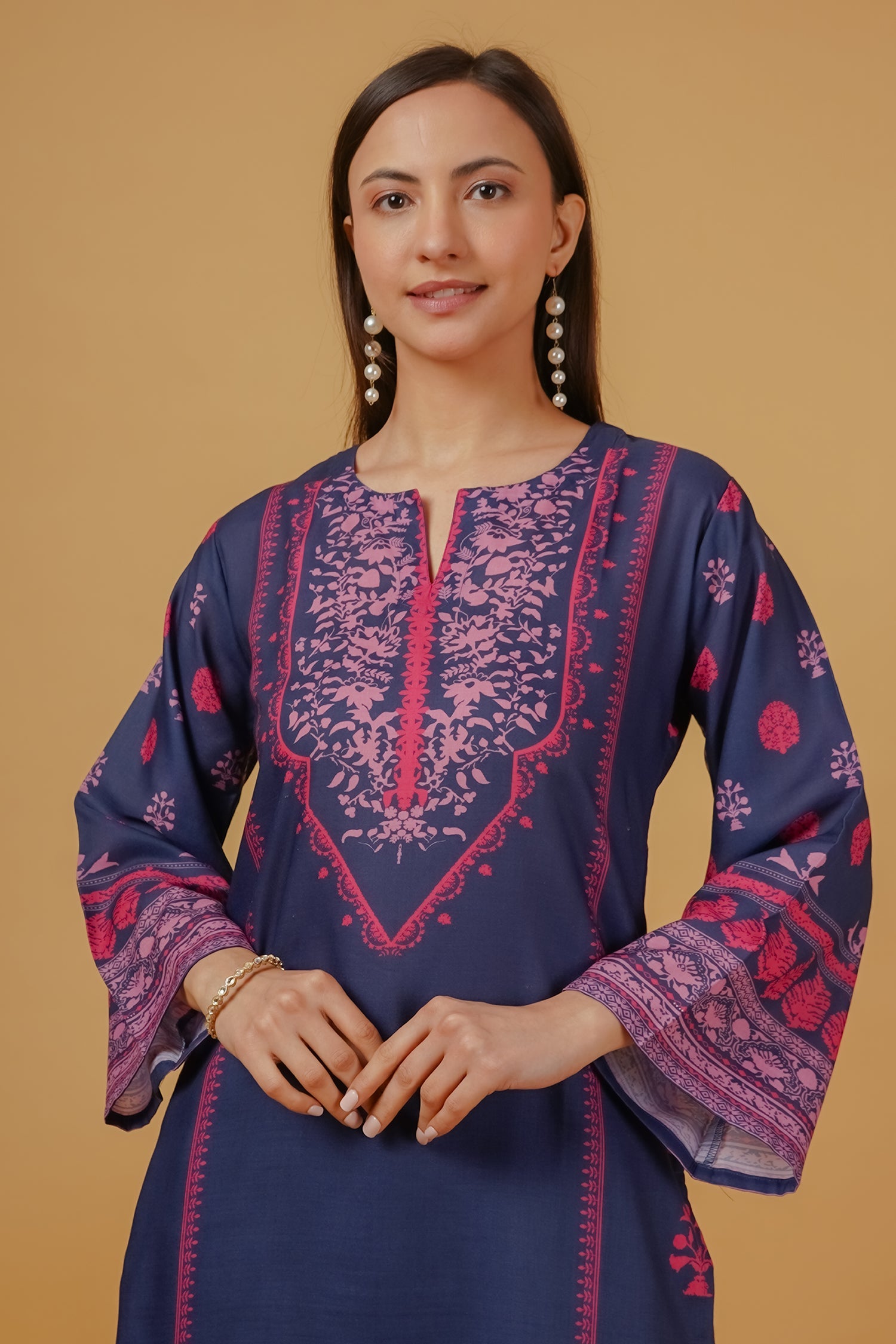 Printed Organza Dupatta - Navy & Pink