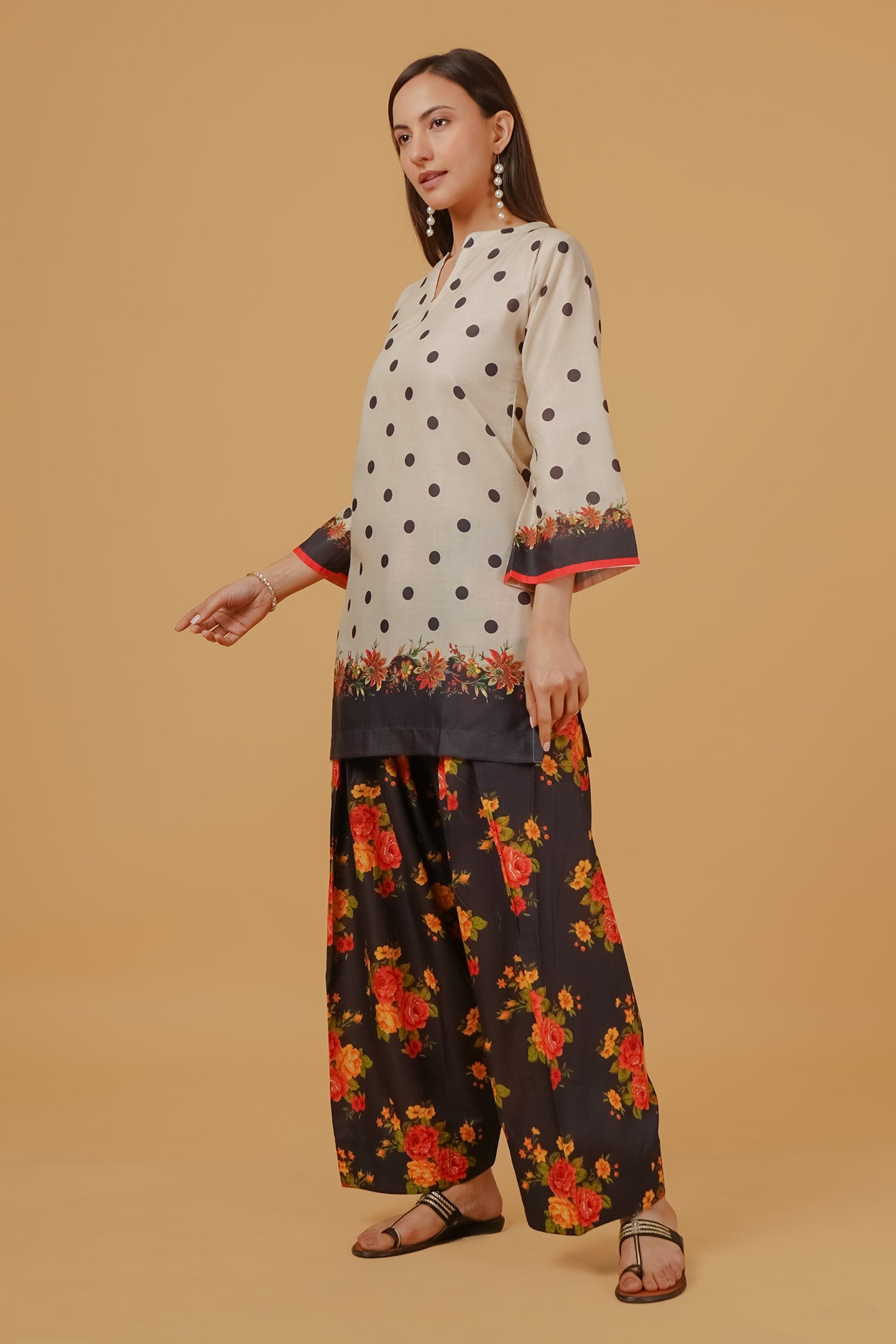 Ivory Polka Floral Printed Lawn Cotton Co-ord Set