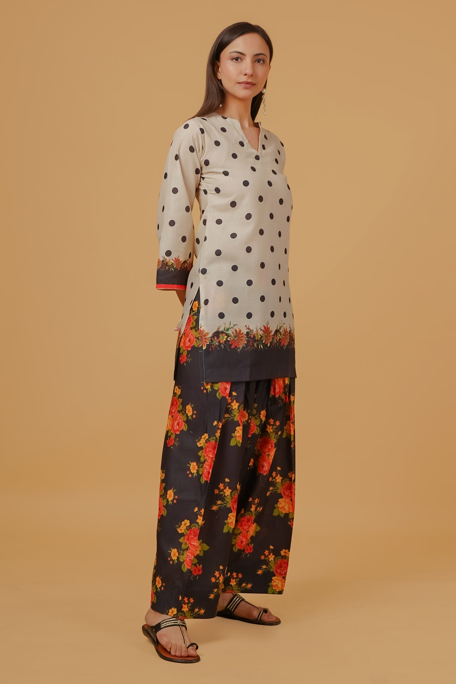 Ivory Polka Floral Printed Lawn Cotton Co-ord Set