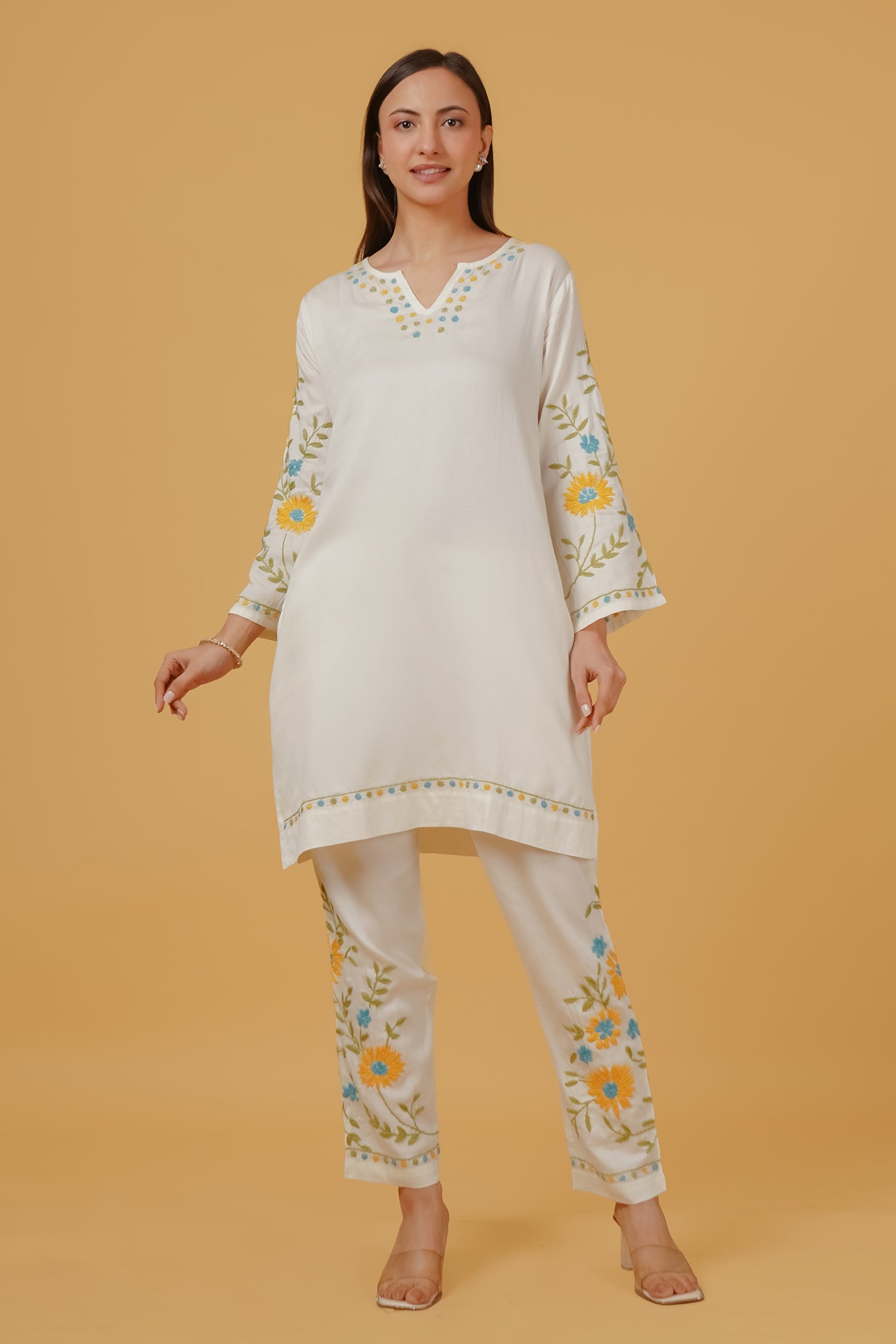 Cotton Chikankari Embroidered Kurta Set With Straight Pants – Ivory Flora