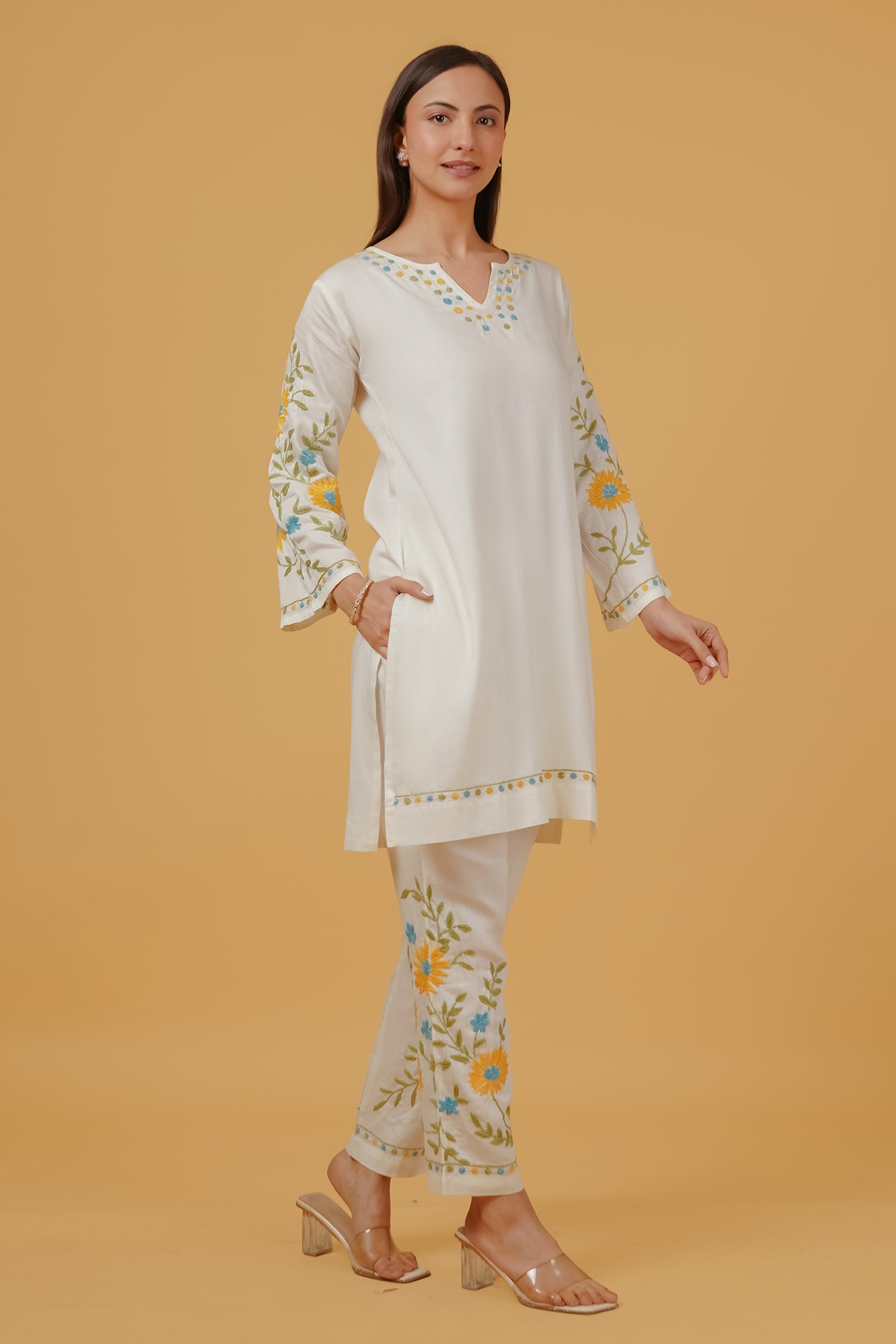 Cotton Chikankari Embroidered Kurta Set With Straight Pants – Ivory Flora