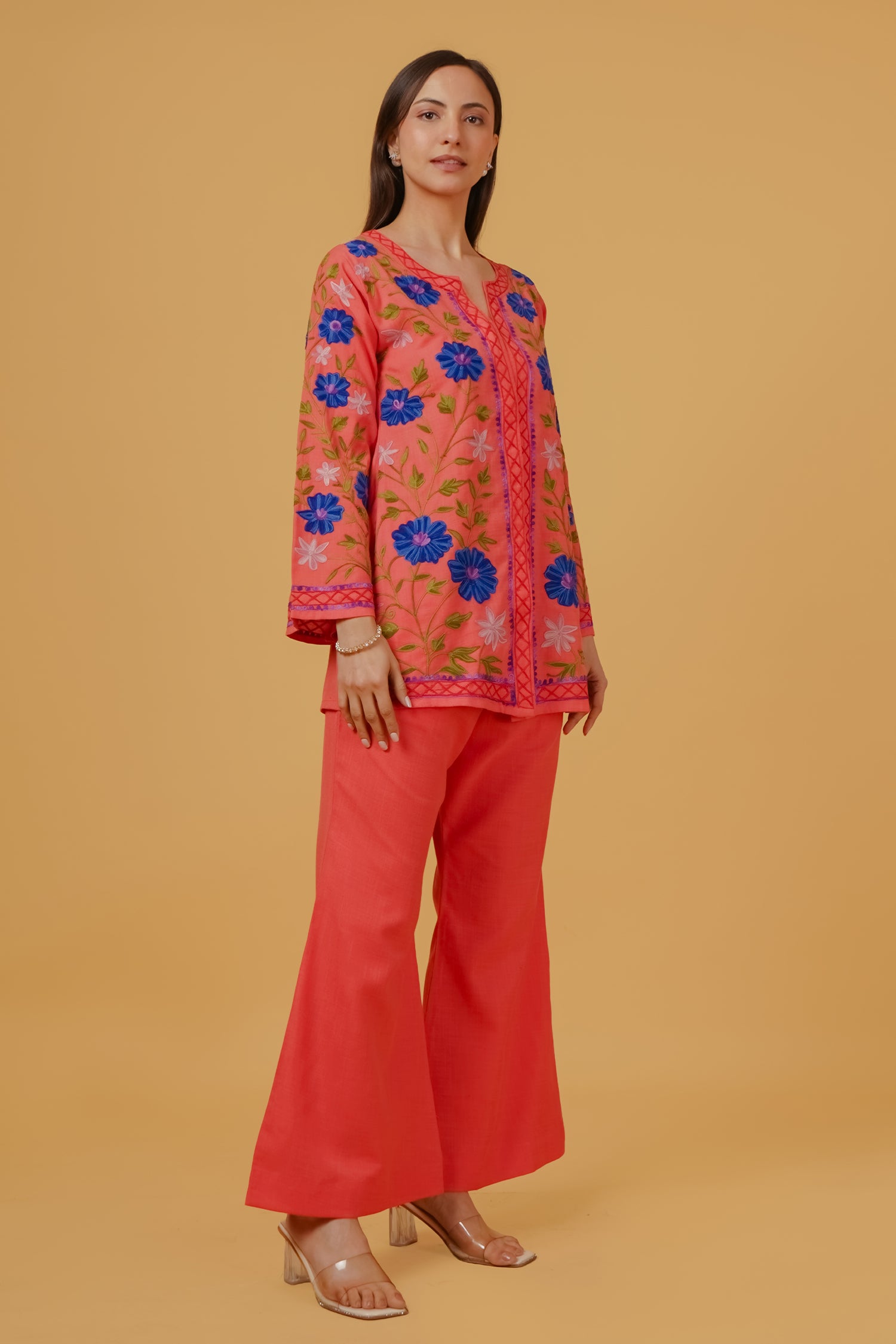 Cotton Kashmiri Aari Embroidered Jacket - Peach