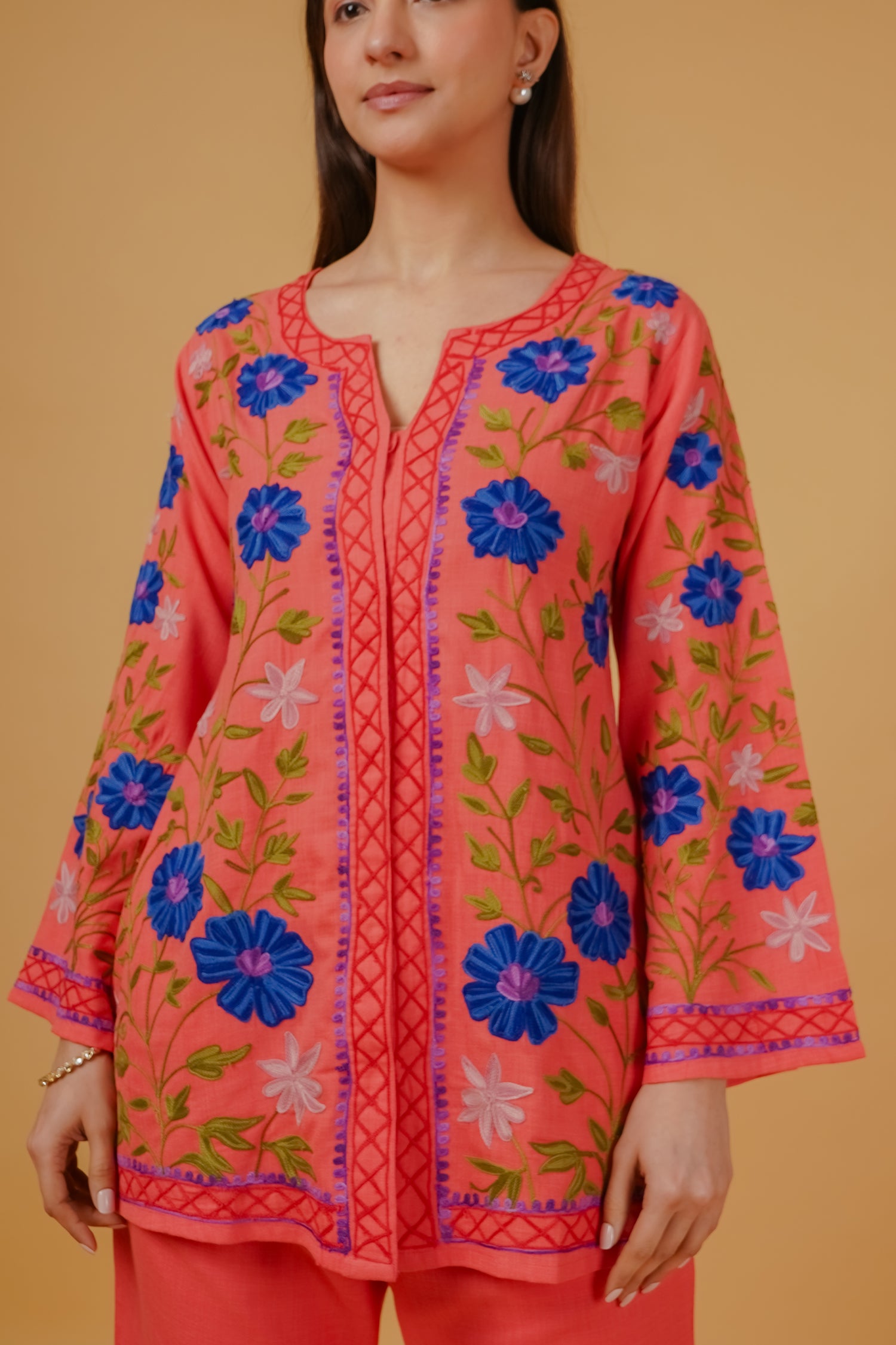 Cotton Kashmiri Aari Embroidered Jacket - Peach