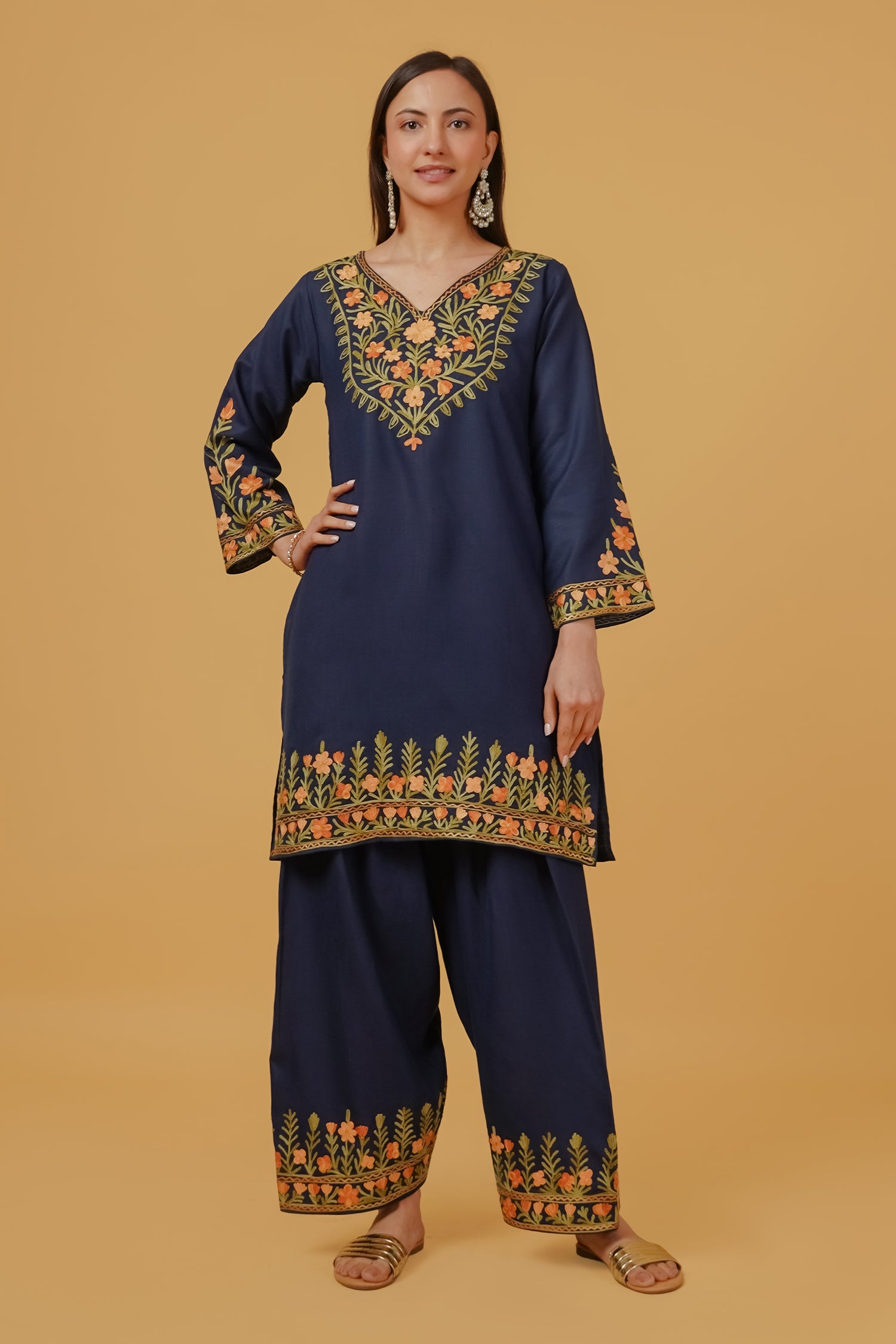 Cotton Kashmiri Aari Embroidered Kurta Set With Farsi Pant- Navy Blue