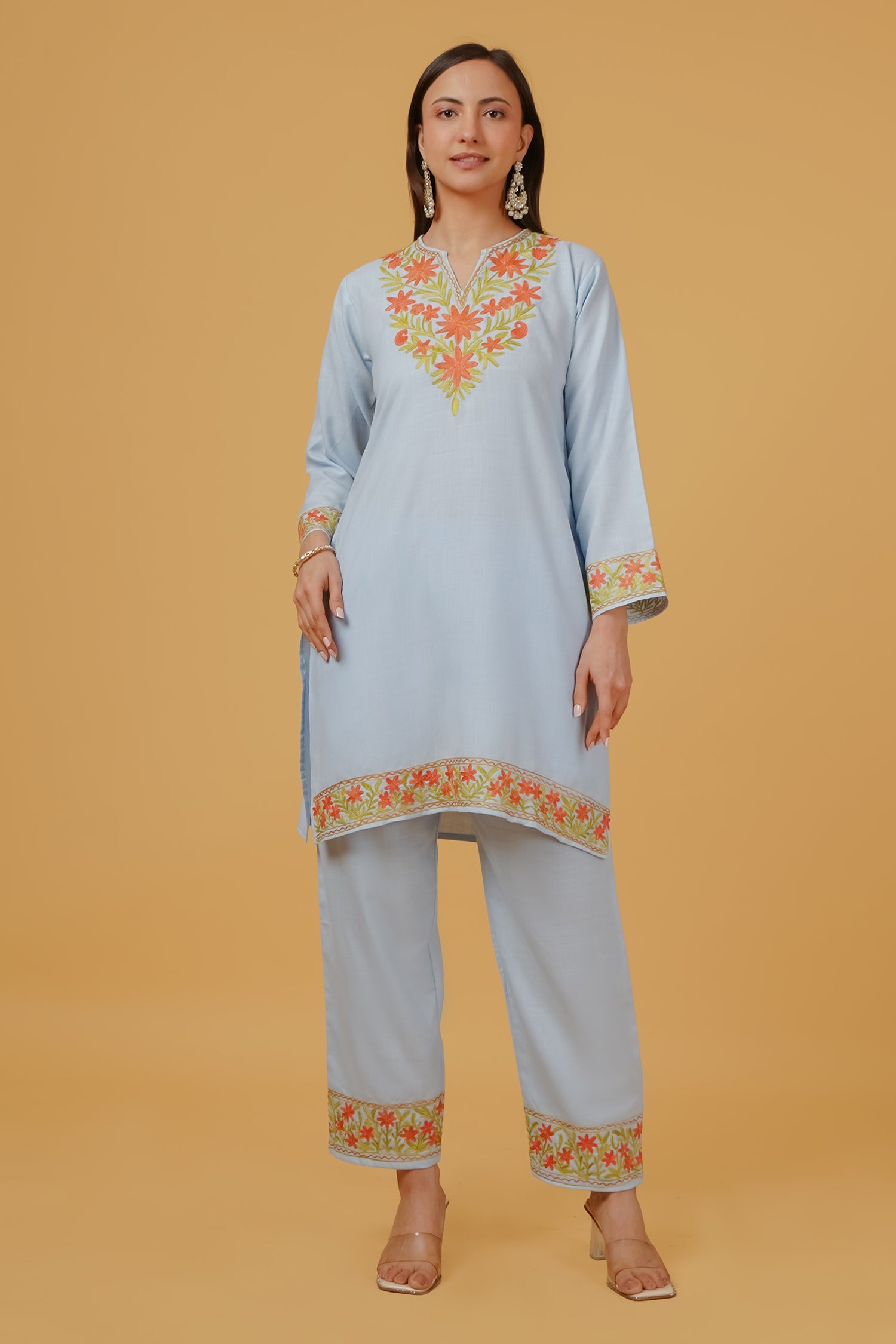 Cotton Kashmiri Aari Embroidered Kurta Set - Sky Blue