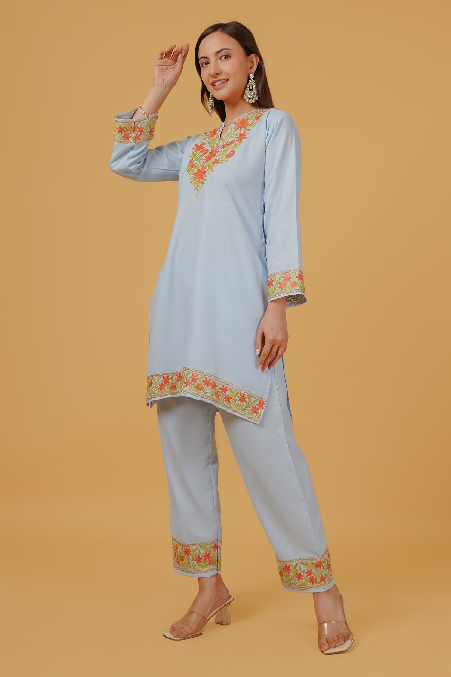 Cotton Kashmiri Aari Embroidered Kurta Set - Sky Blue