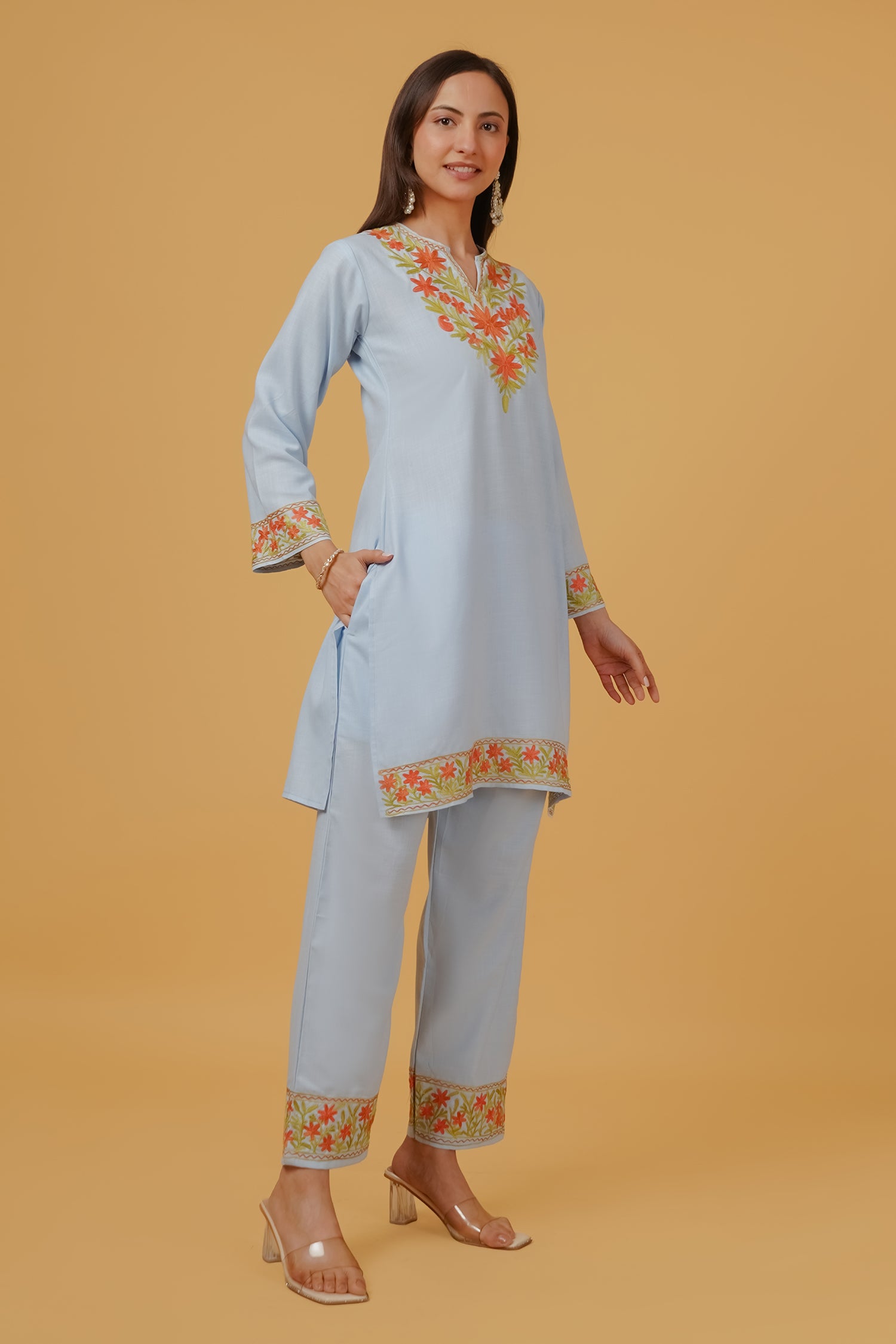 Cotton Kashmiri Aari Embroidered Kurta Set - Sky Blue