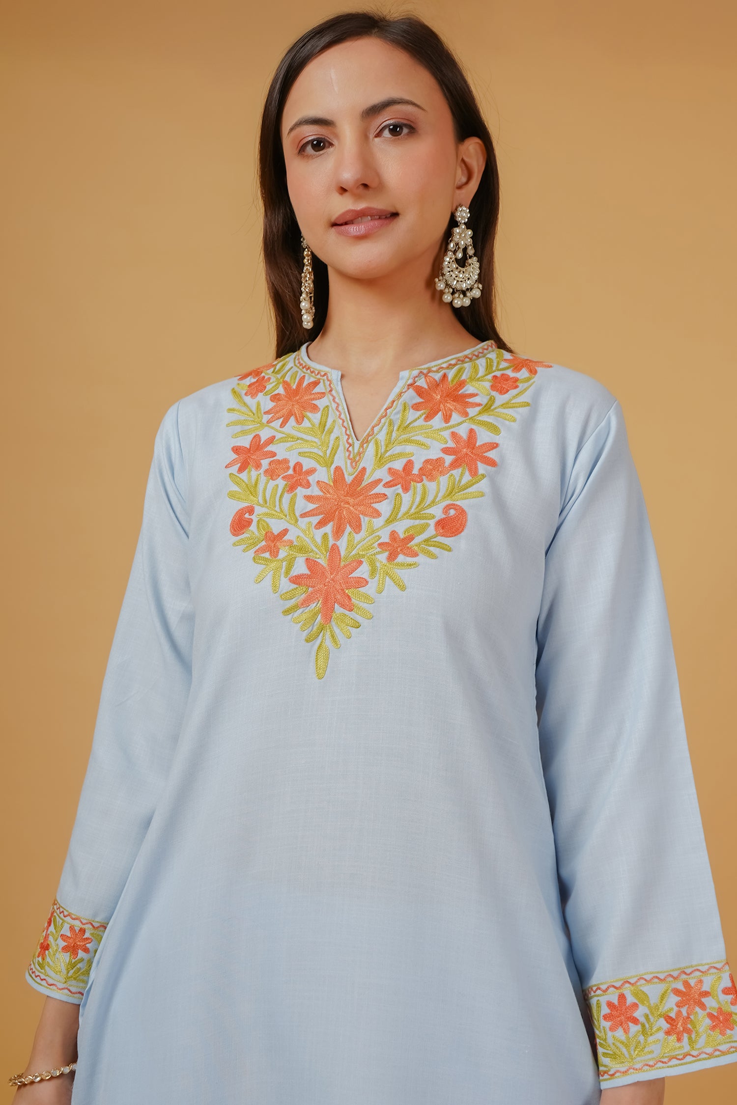 Cotton Kashmiri Aari Embroidered Kurta Set - Sky Blue