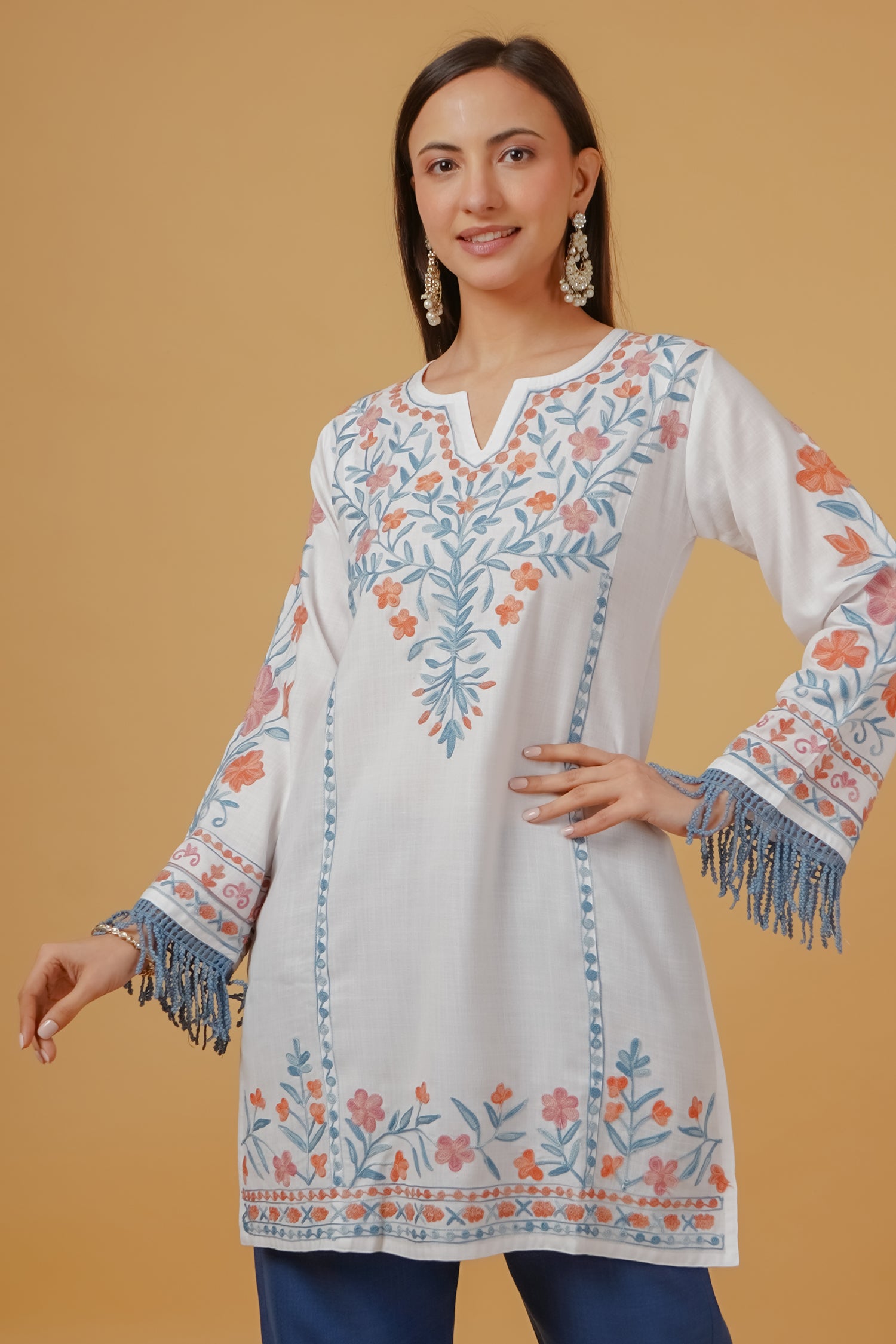 Cotton Kashmiri Aari Embroidered Kurta - White With Blue