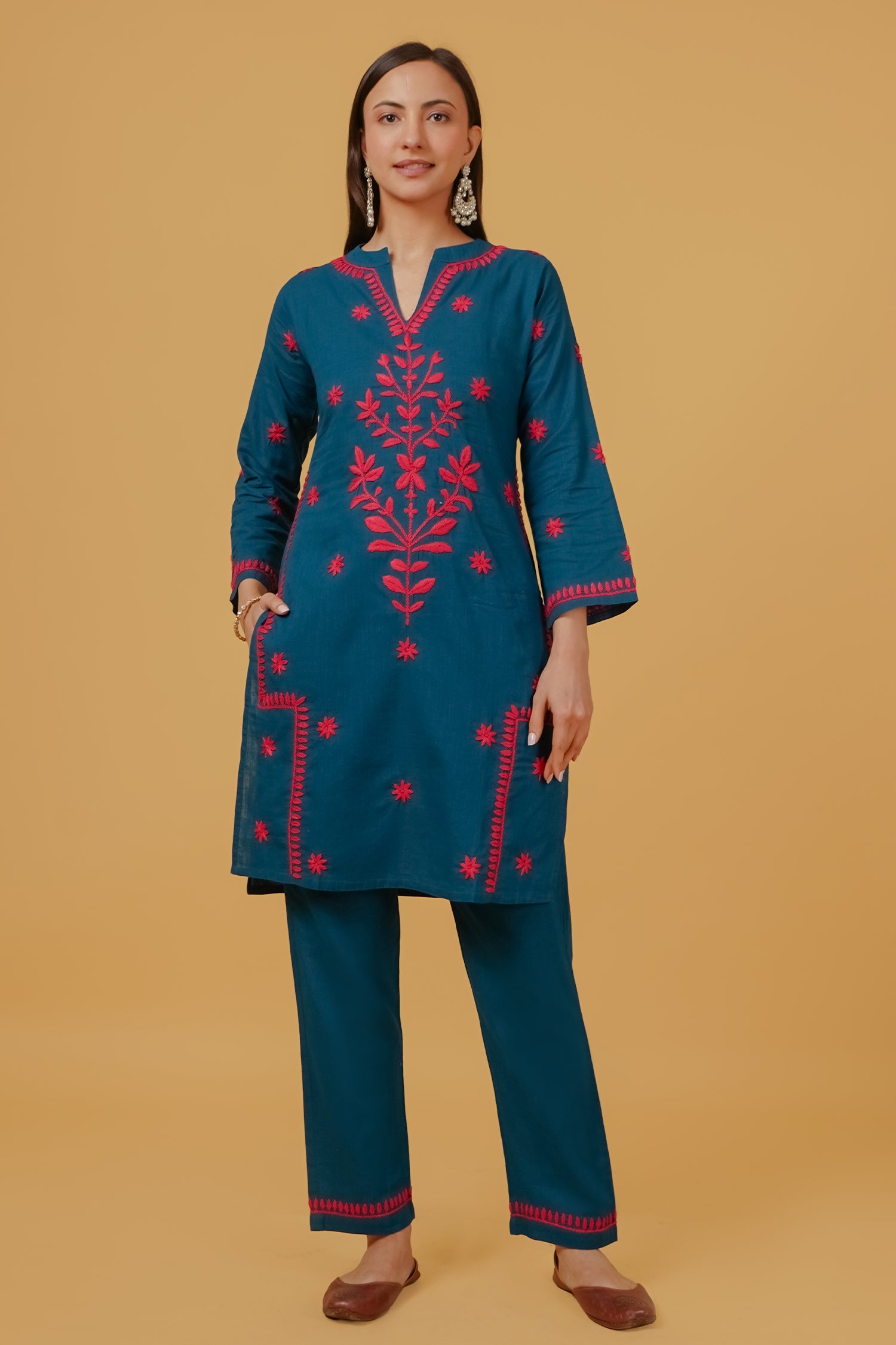 Chikankari Embroidered Kurta Set With Straight Pants – Teal Blue in Cotton