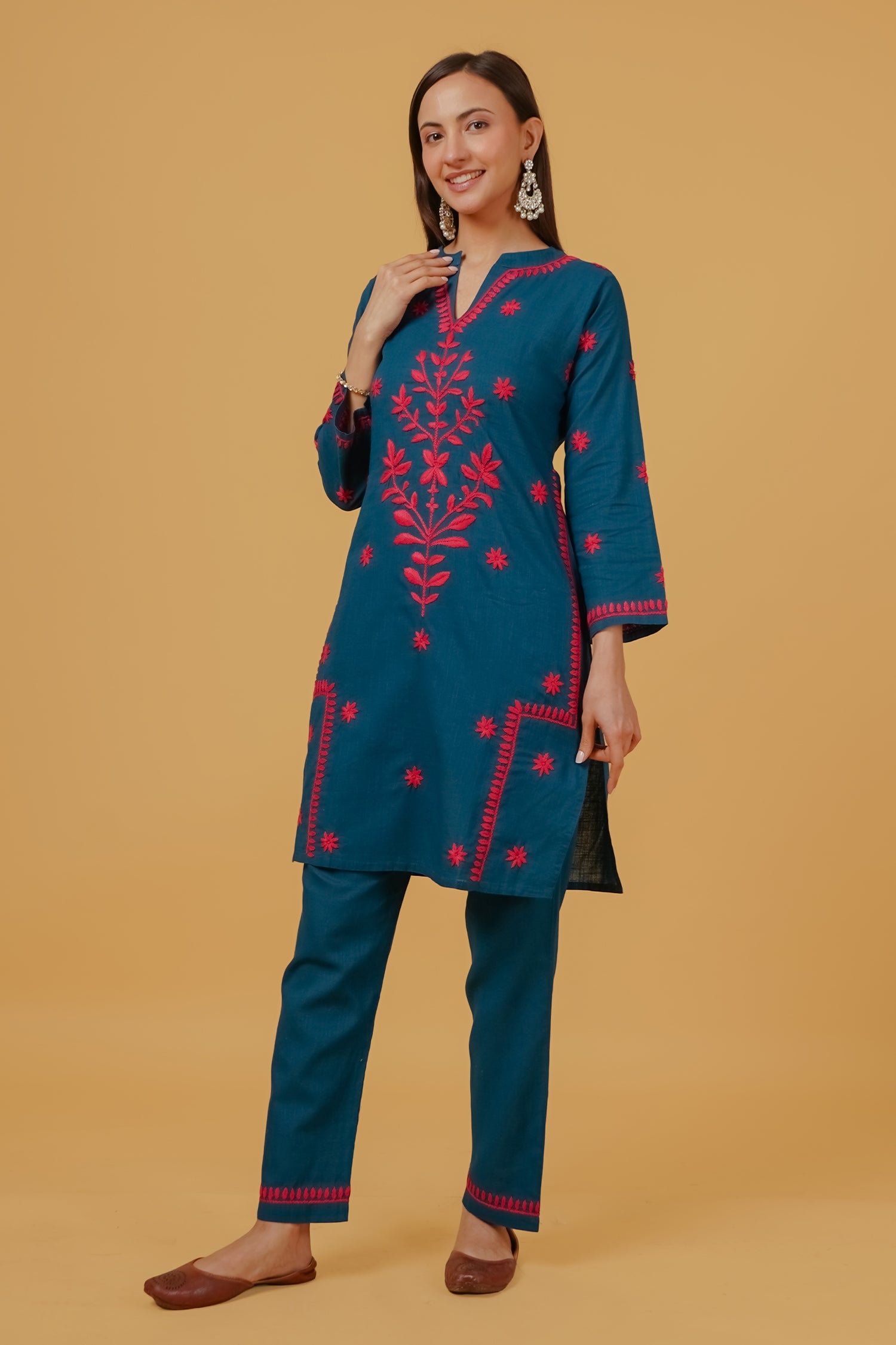 Chikankari Embroidered Kurta Set With Straight Pants – Teal Blue in Cotton