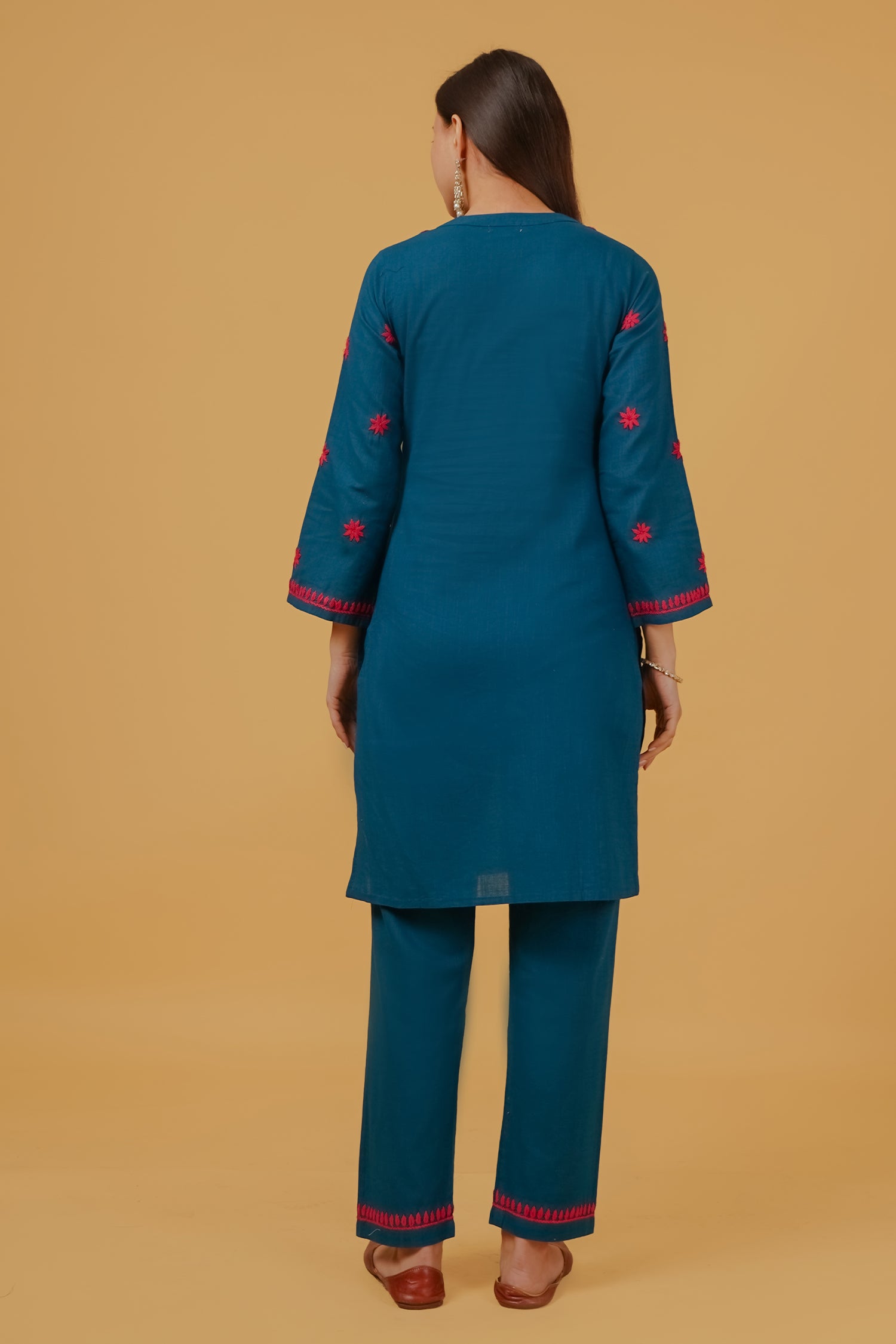 Chikankari Embroidered Kurta Set With Straight Pants – Teal Blue in Cotton