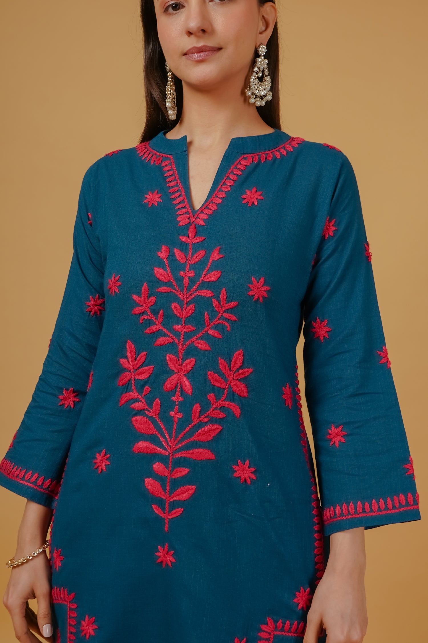 Chikankari Embroidered Kurta Set With Straight Pants – Teal Blue in Cotton