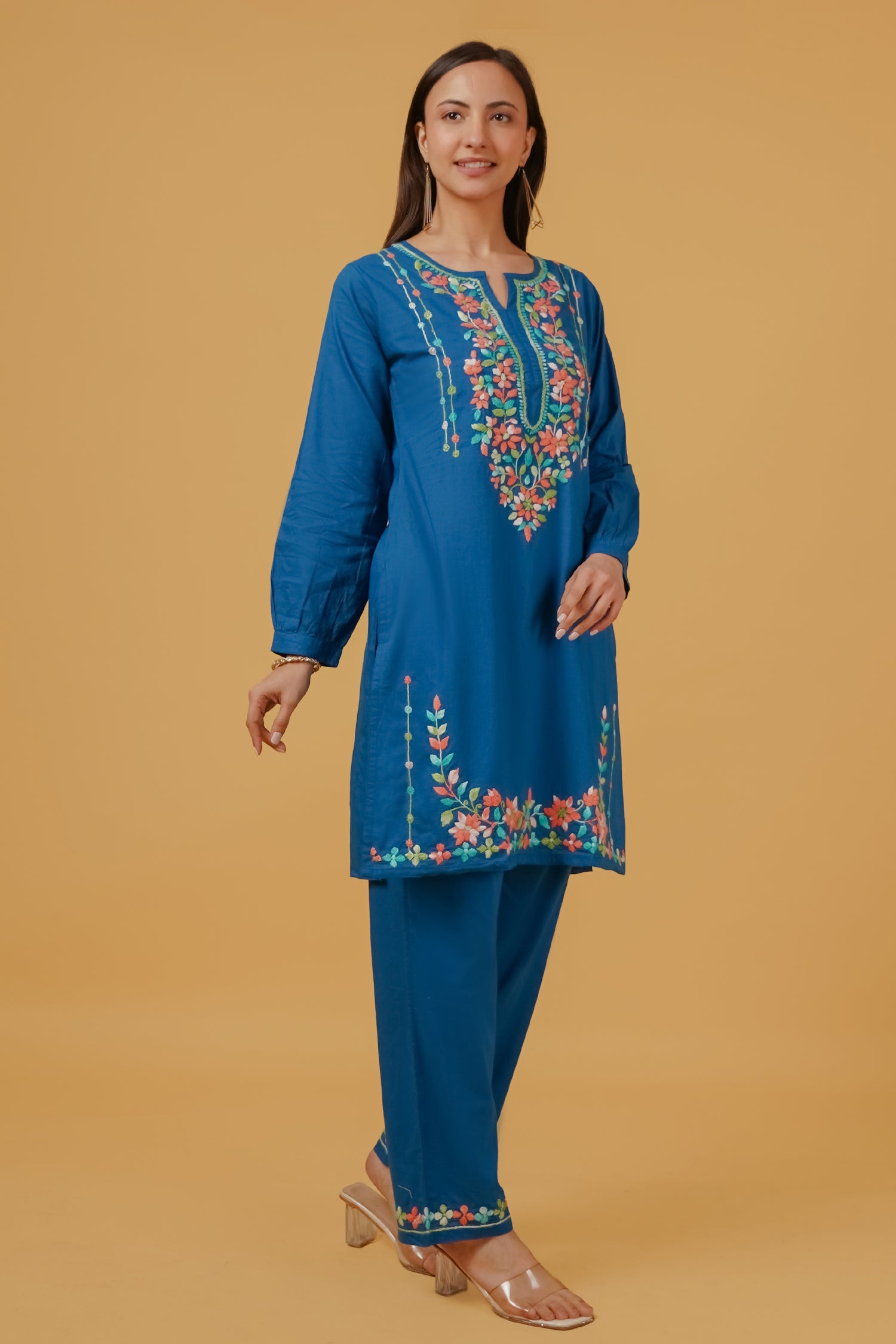 Chikankari Embroidered Kurta Set With Bellbottoms in Cotton – Teal Blue
