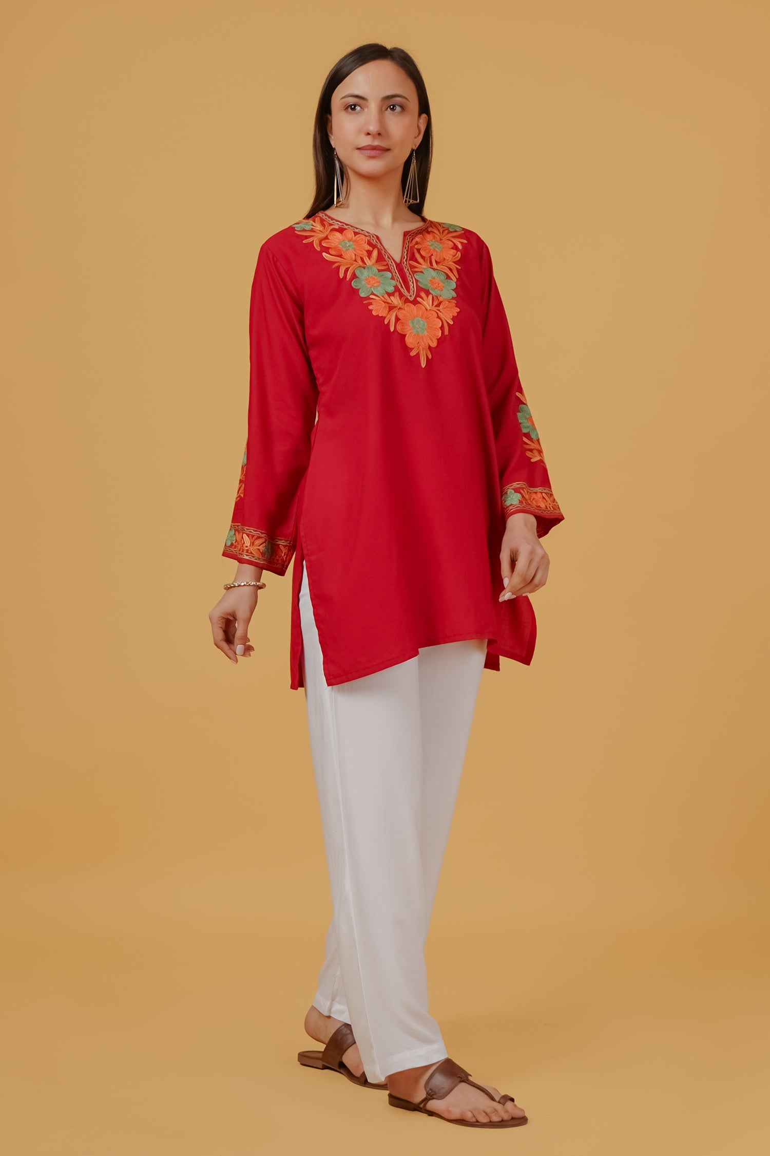 Cotton Kashmiri Aari Embroidered Short Kurta - Maroon