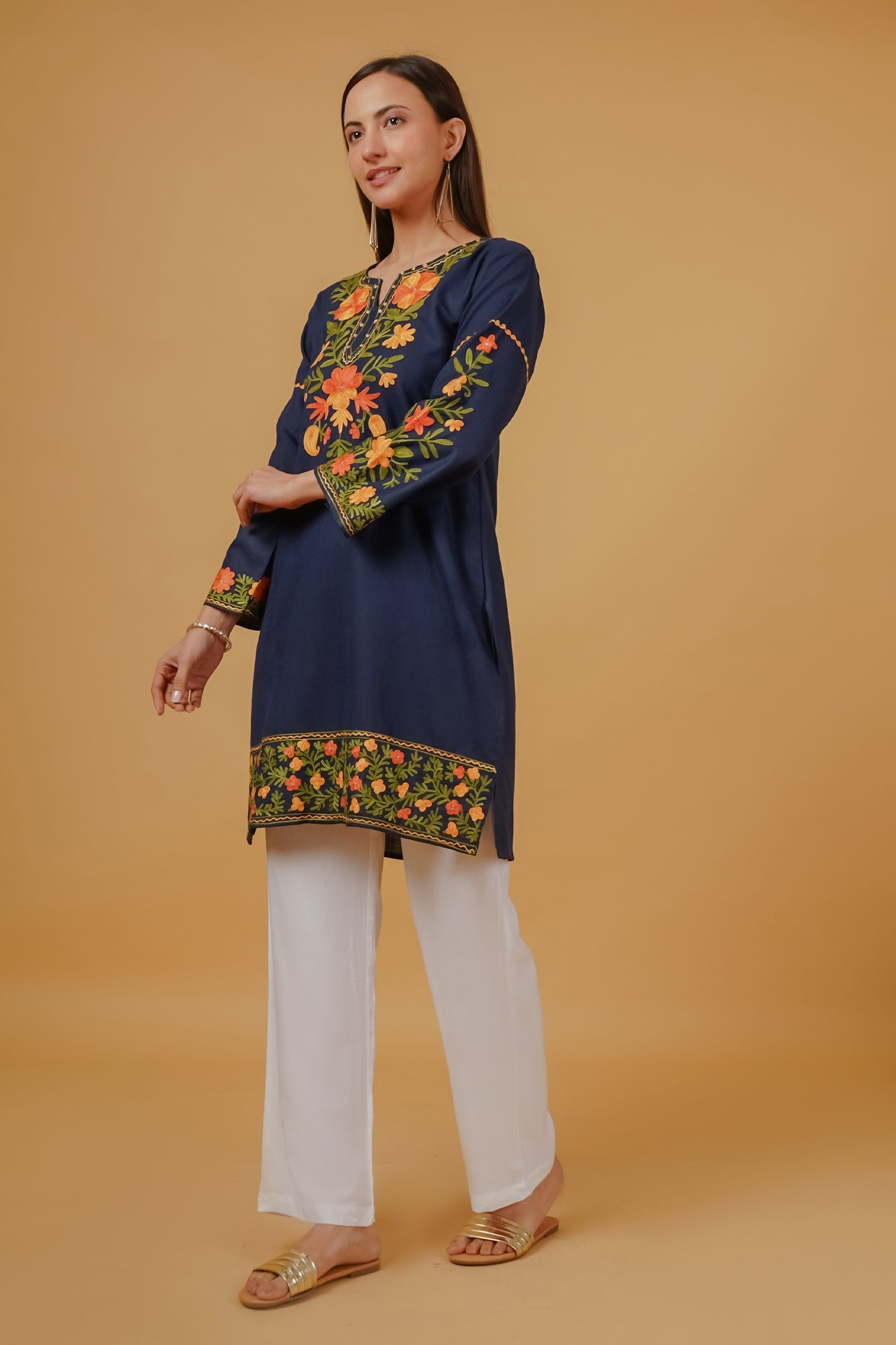 Cotton Kashmiri Aari Embroidered Long Kurta - Navy Blue
