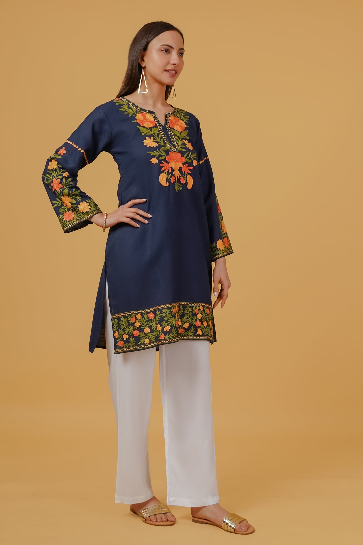 Cotton Kashmiri Aari Embroidered Long Kurta - Navy Blue