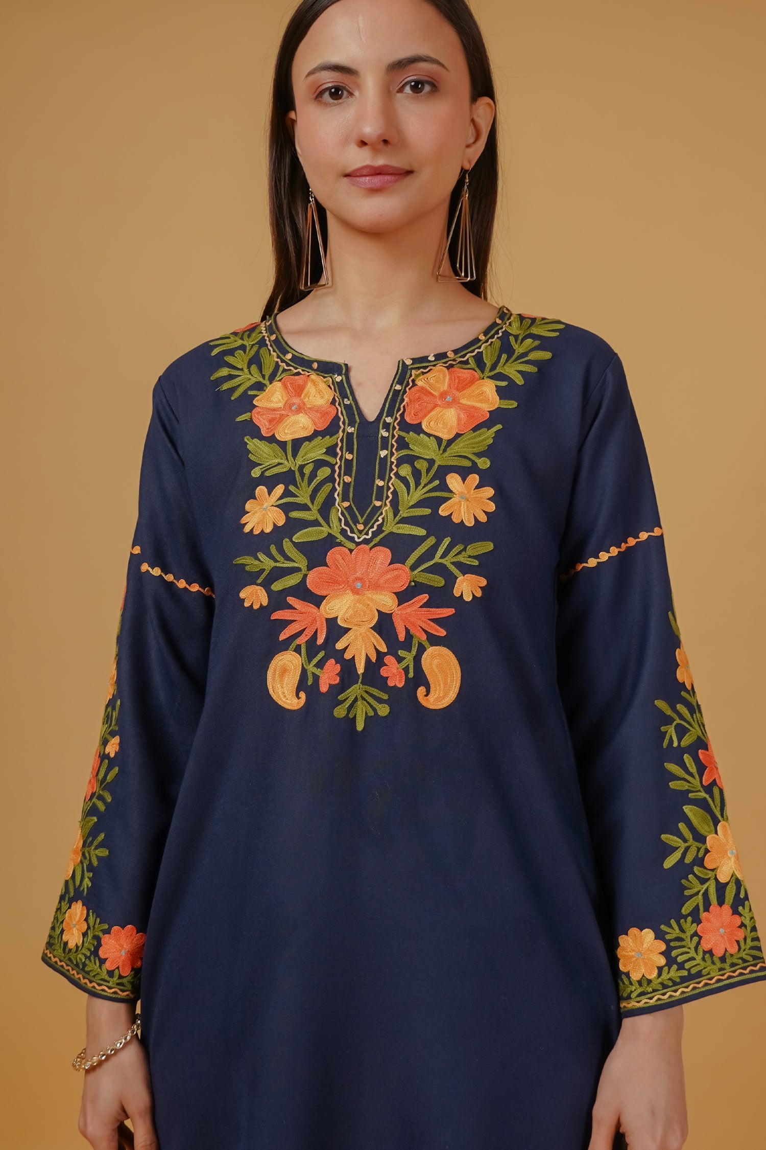 Cotton Kashmiri Aari Embroidered Long Kurta - Navy Blue