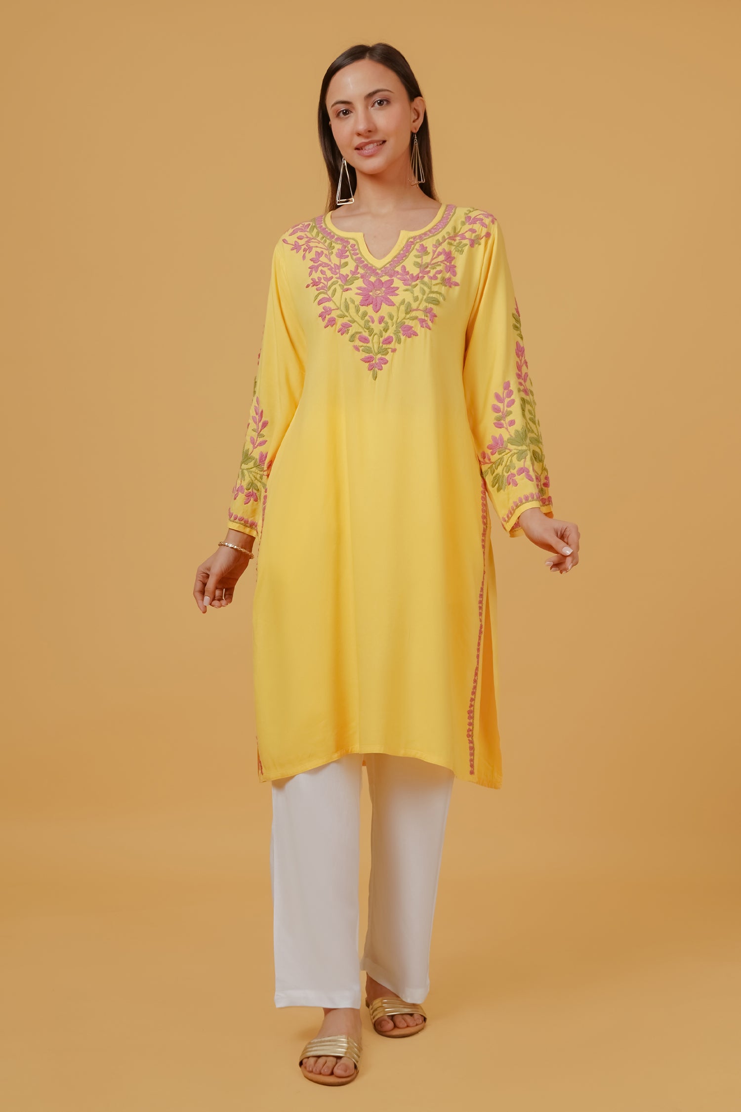 Rayon Chikankari Embroidered Kurta In Rayon - Yellow